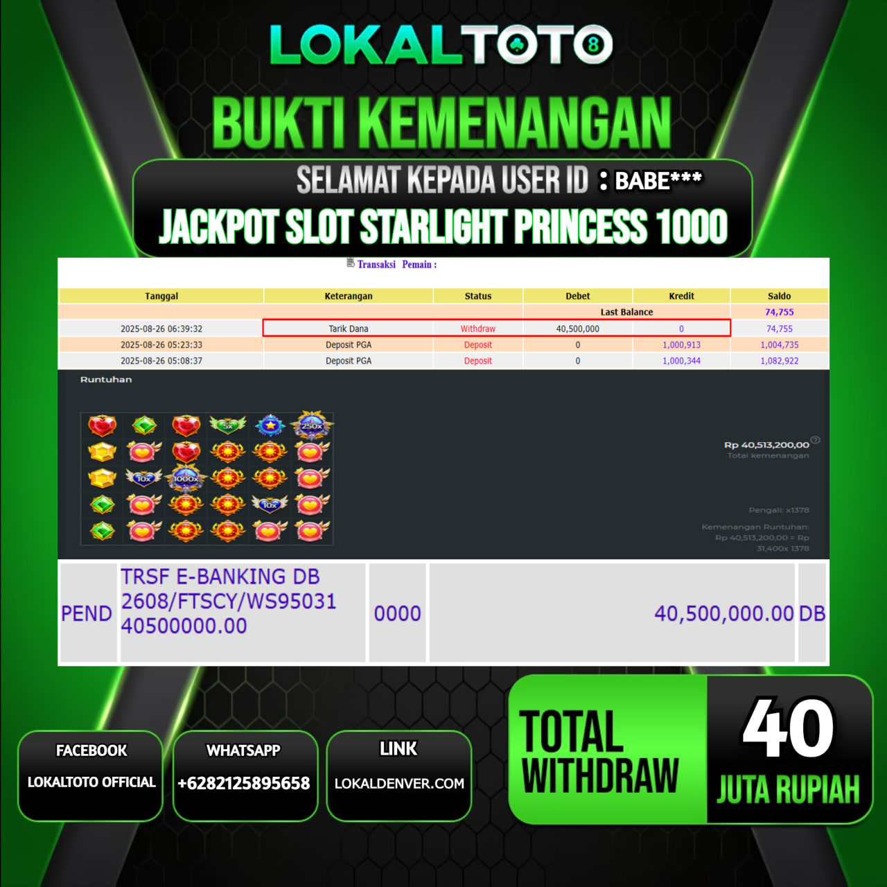 LOKALTOTO JACKPOT SLOT STARLIGHT PRINCESS 1000 RP.40.000.000.,- LUNAS USER ID : BABE***