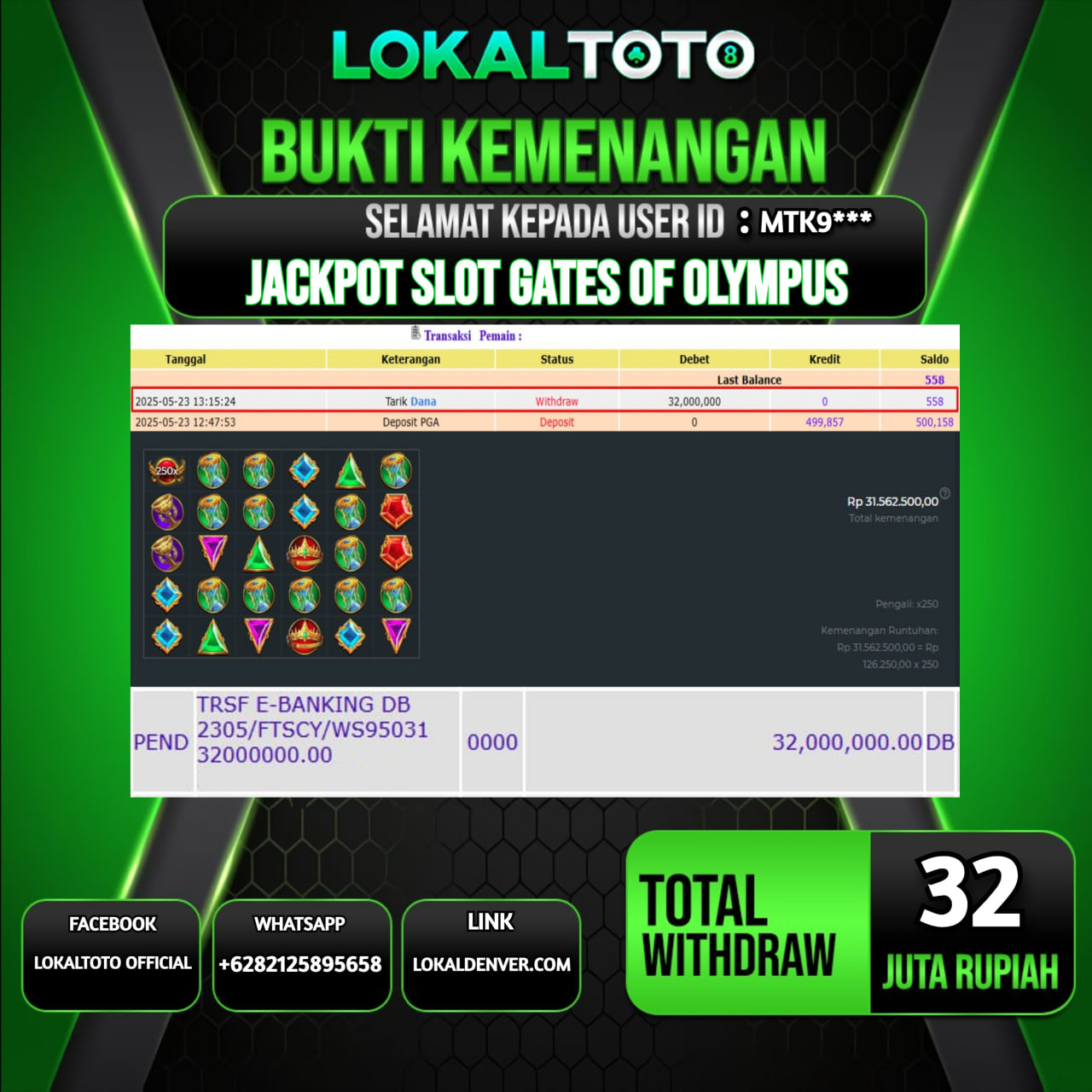 LOKALTOTO JACKPOT SLOT GATES OF OLYMPUS RP.32.000.000.,- LUNAS USER ID : MTK9***