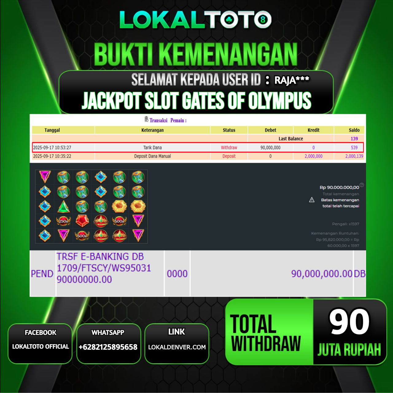 LOKALTOTO JACKPOT SLOT GATES OF OLYMPUS RP.90.000.000.,- LUNAS USER ID  :  RAJA***