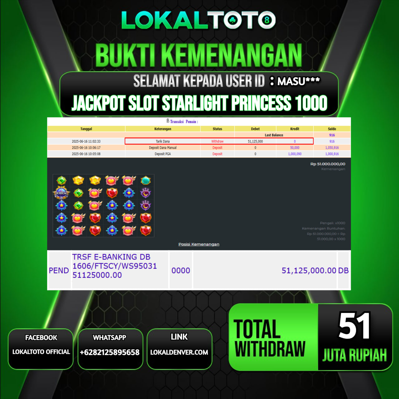LOKALTOTO JACKPOT SLOT STARLIGHT PRINCESS 1000 RP.51.000.000.,- LUNAS USER ID  : MASU***