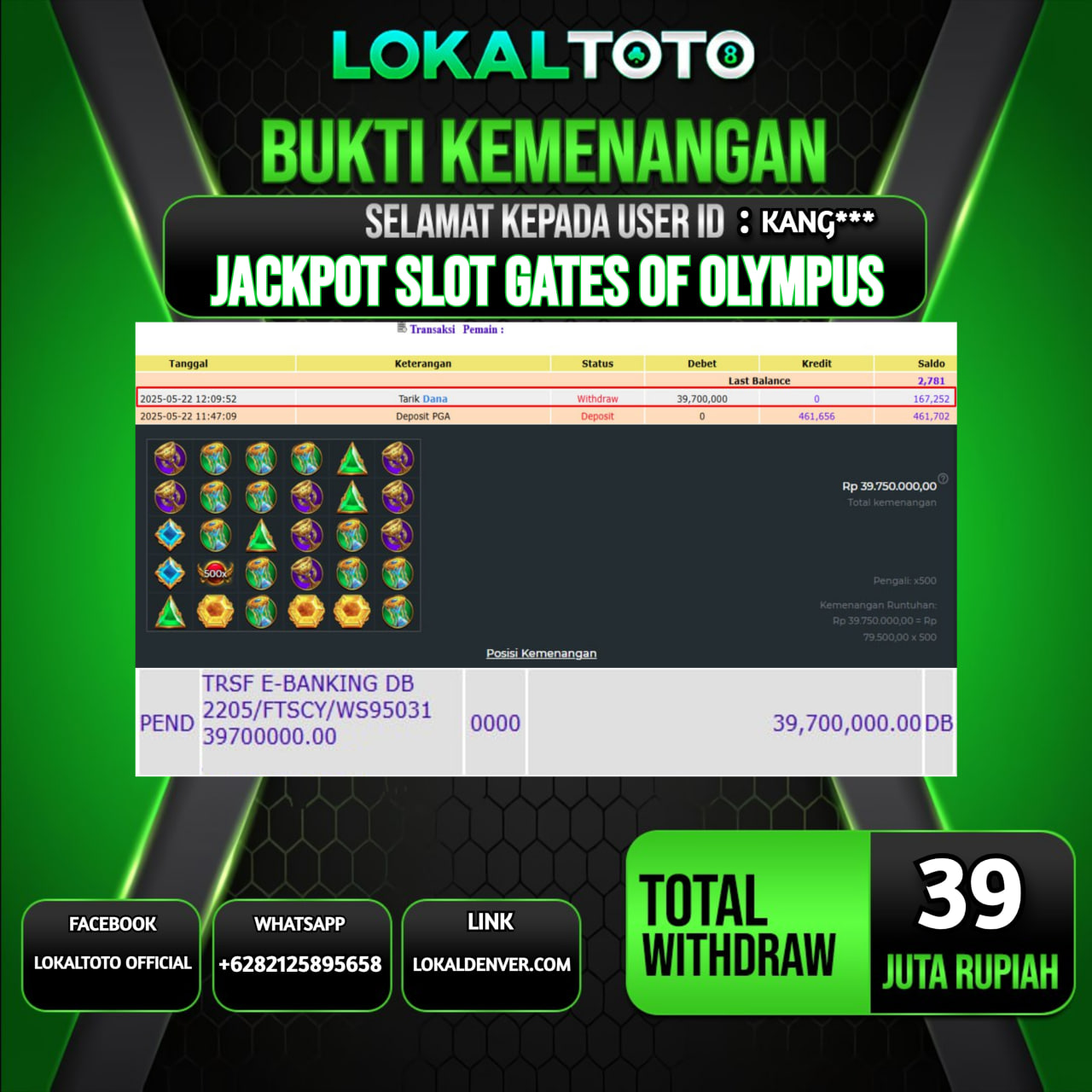 LOKALTOTO JACKPOT SLOT GATES OF OLYMPUS RP.39.000.000.,- LUNAS USER ID : KANG***