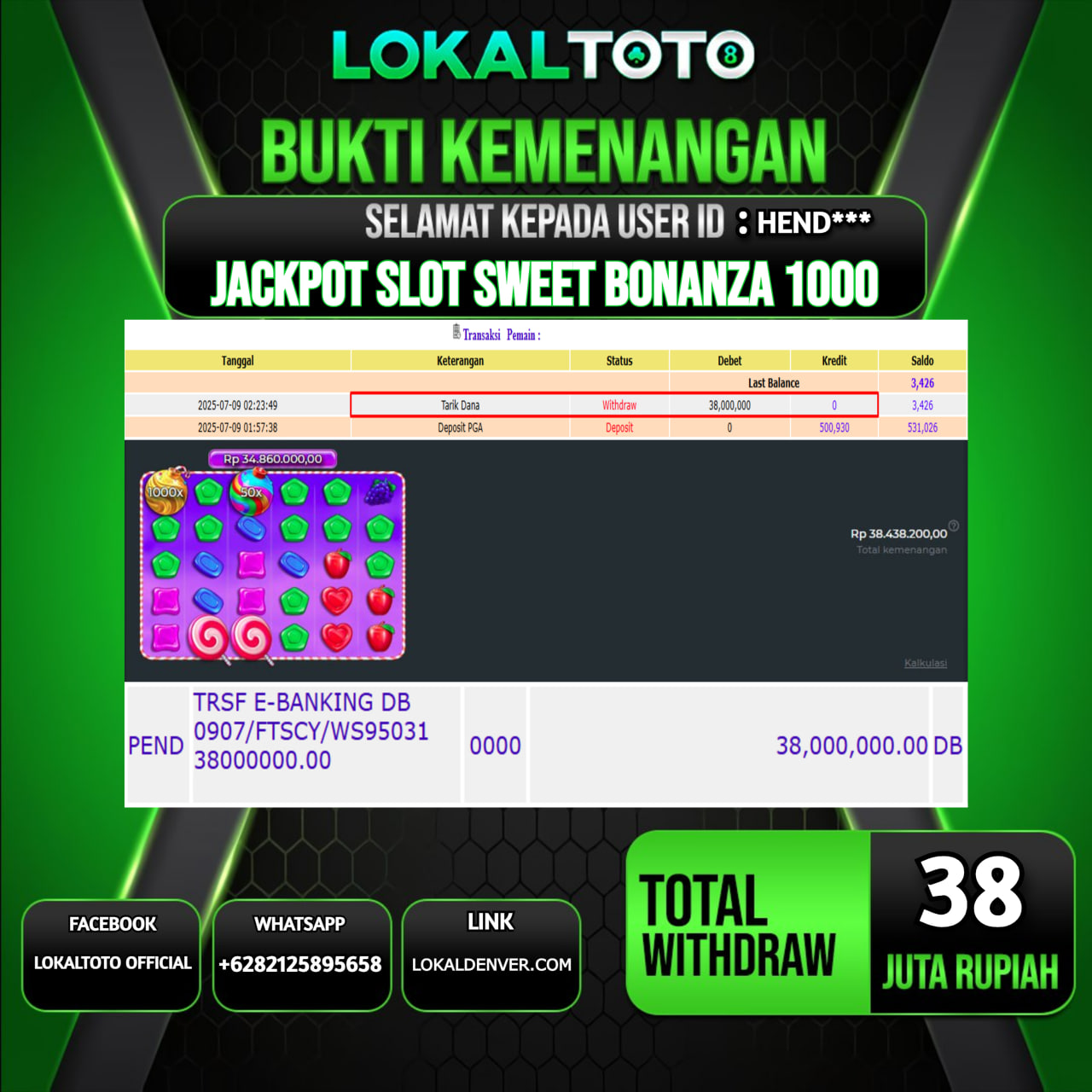 LOKALTOTO JACKPOT SLOT SWEET BONANZA 1000 RP.38.000.000.,- LUNAS USER ID : HEND***