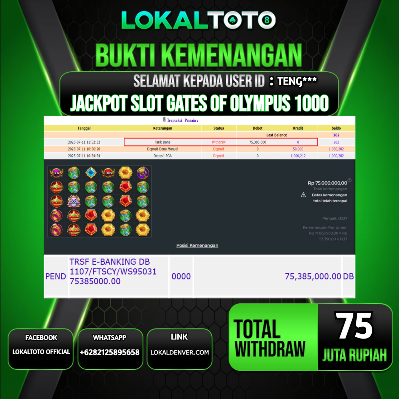 LOKALTOTO JACKPOT SLOT GATES OF OLYMPUS 1000 RP.75.000.000.,- LUNAS USER ID : TENG***