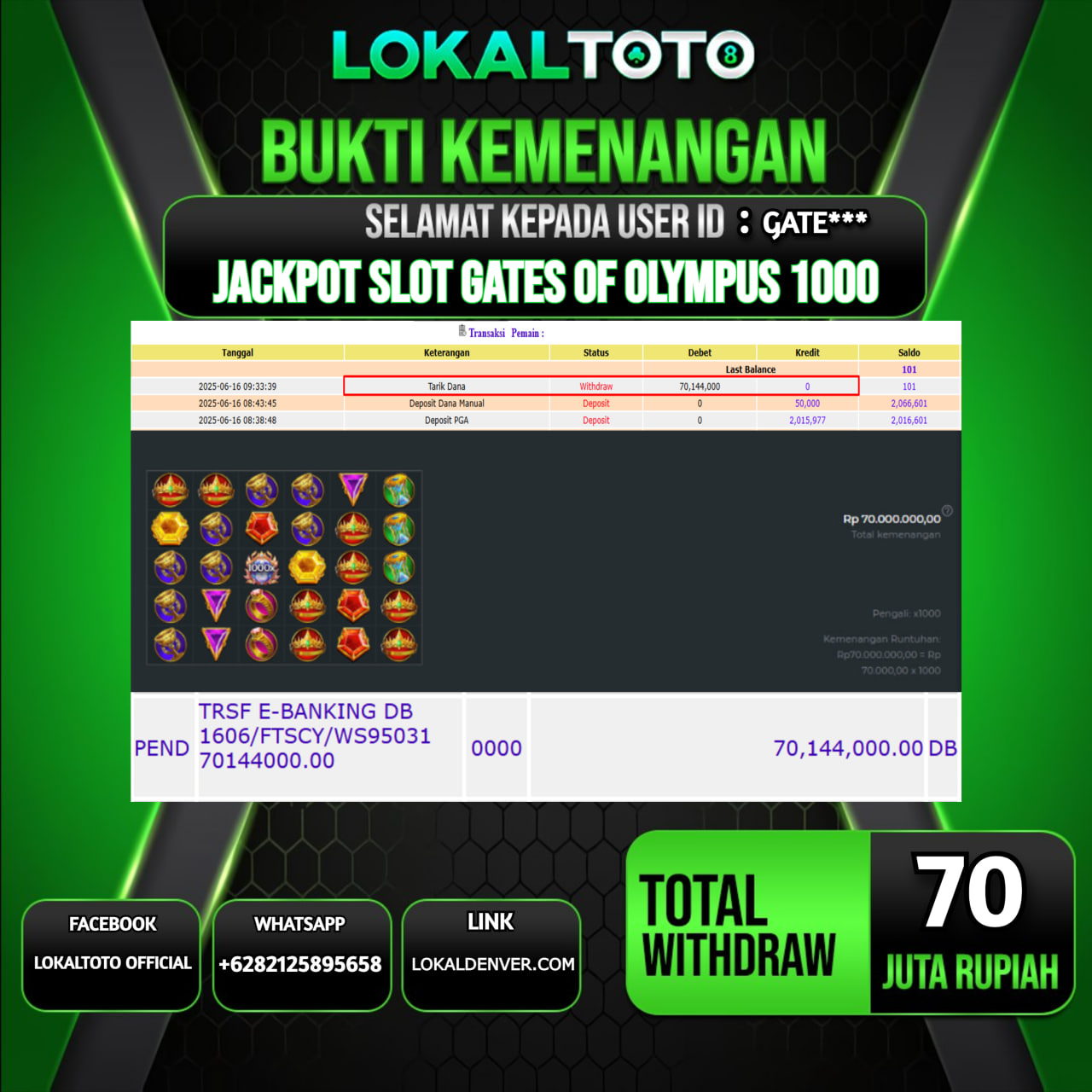 LOKALTOTO JACKPOT SLOT GATES OF OLYMPUS 1000 RP.70.000.000.,- LUNAS USER ID  : GATE***