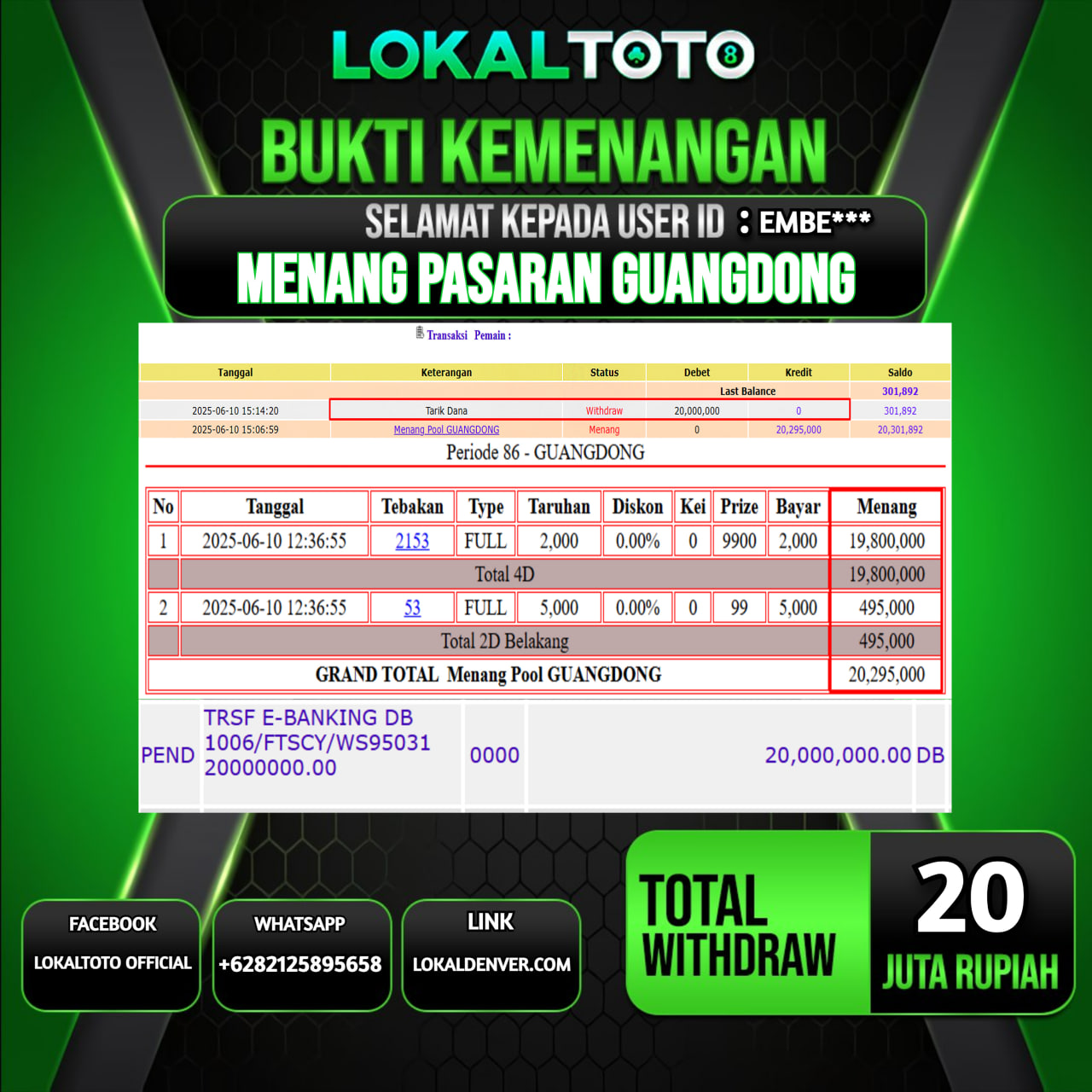 LOKALTOTO JACKPOT PASARAN GUANGDONG RP.20.000.000.,- LUNAS USER ID : EMBE***