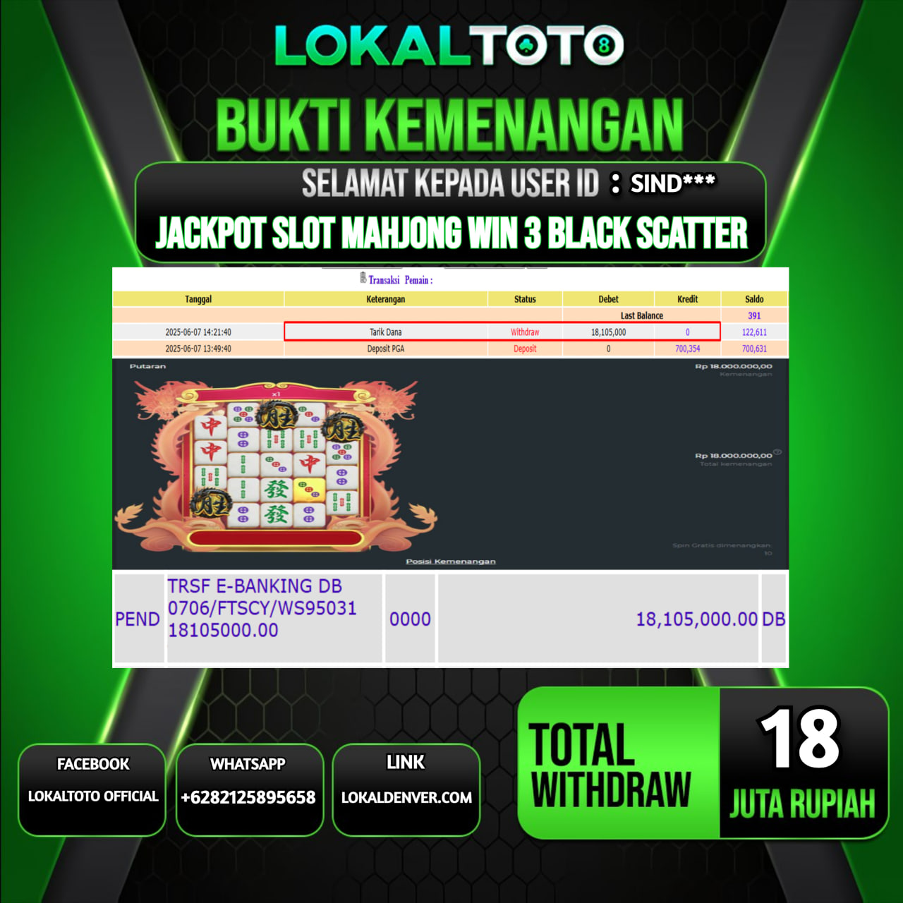 LOKALTOTO JACKPOT SLOT MAHJONG WIN 3 BLACK SCATTER RP.18.000.000.,- LUNAS USER ID : SIND***