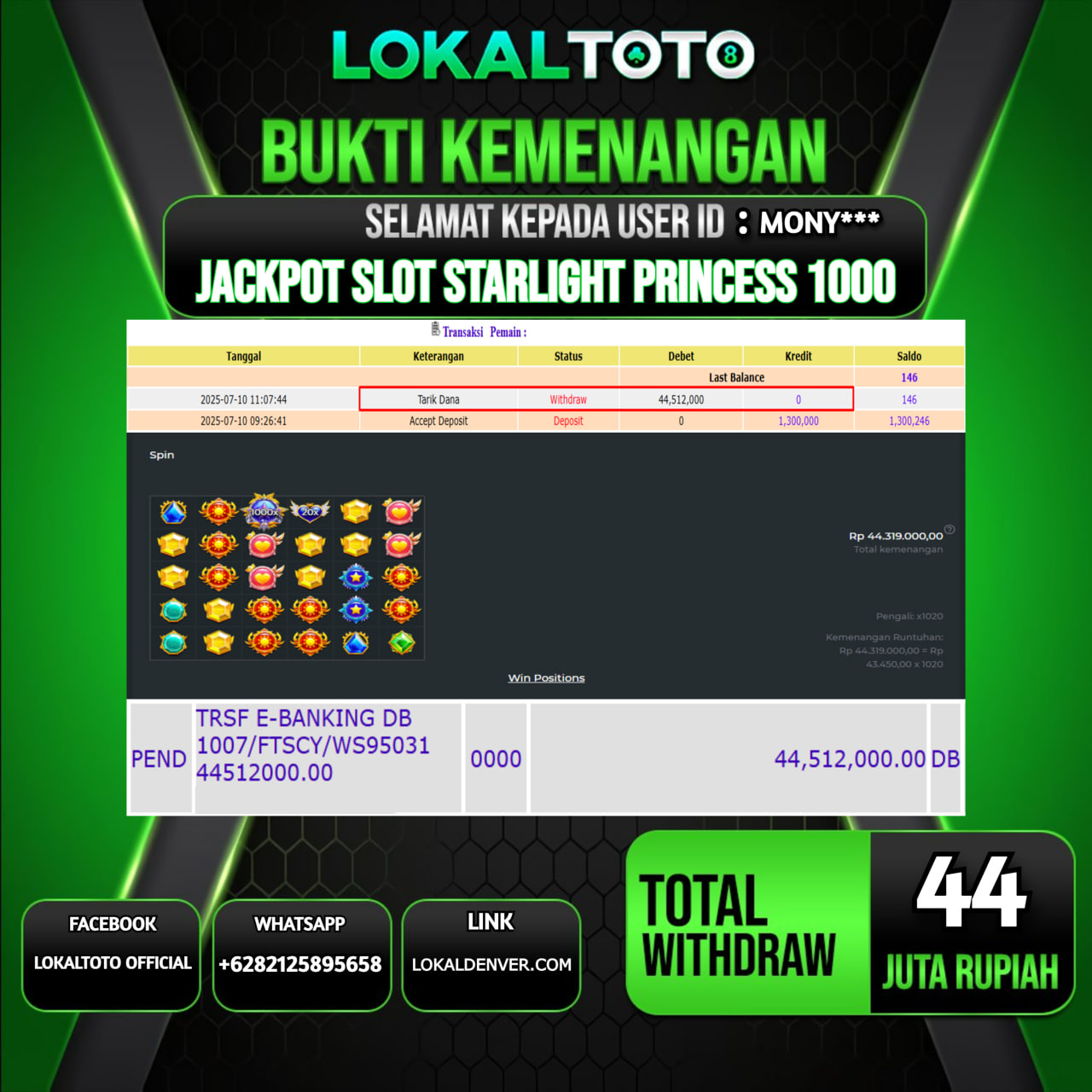 LOKALTOTO JACKPOT SLOT STARLIGHT PRINCESS 1000 RP.44.000.000.,- LUNAS USER ID : MONY***
