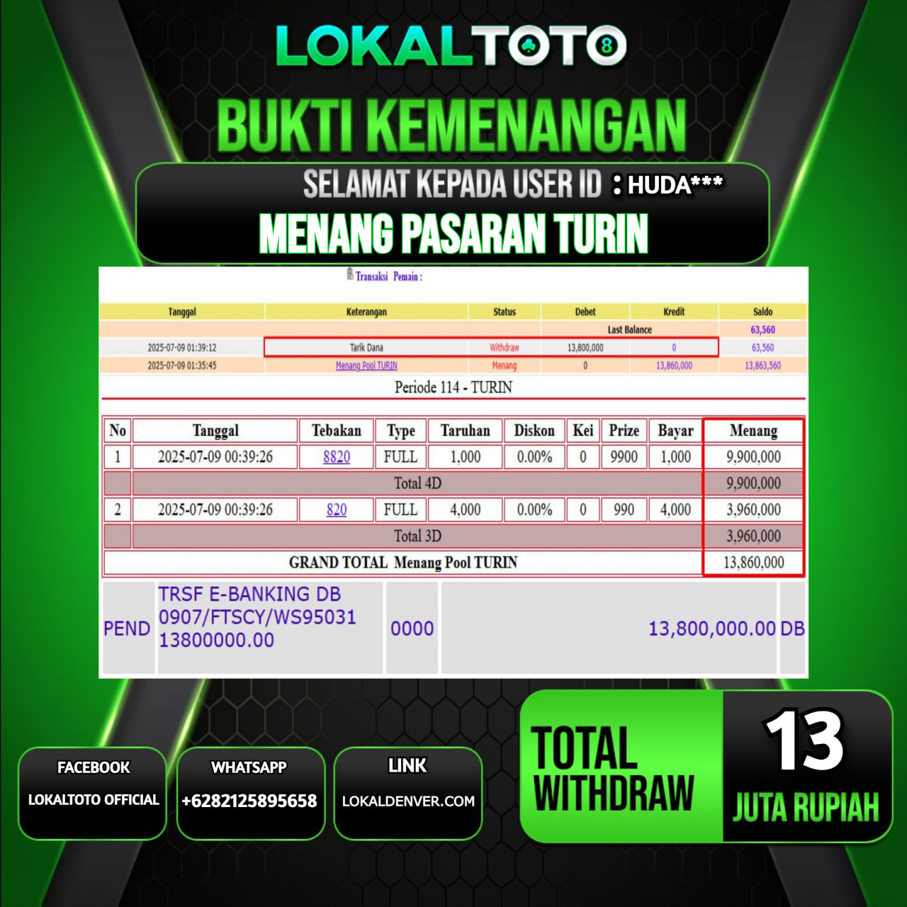 LOKALTOTO JACKPOT PASARAN TURIN RP.13.000.000.,- LUNAS USER ID : HUDA***
