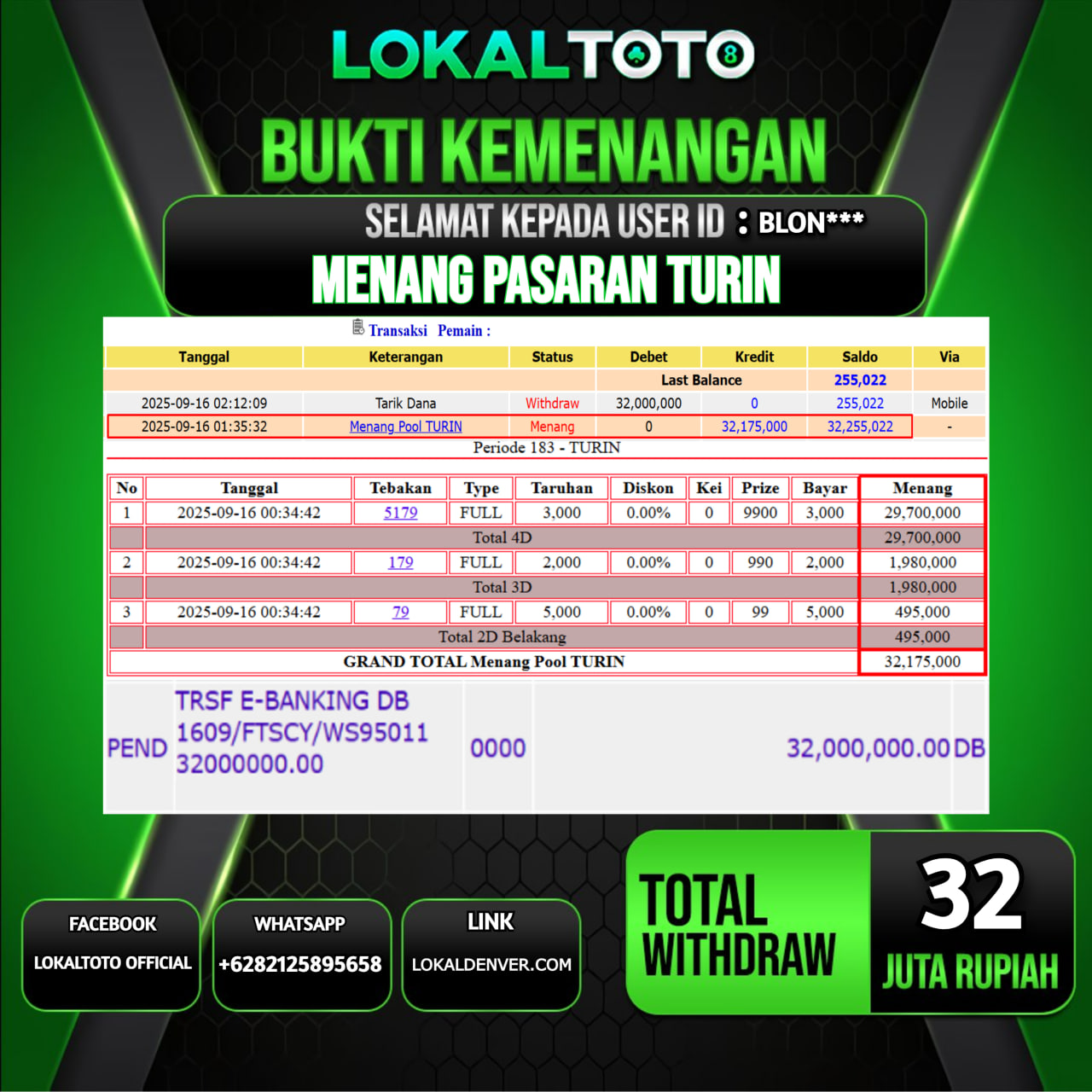 LOKALTOTO JACKPOT PASARAN TURIN RP.32.000.000.,- LUNAS USER ID  :  BLON***