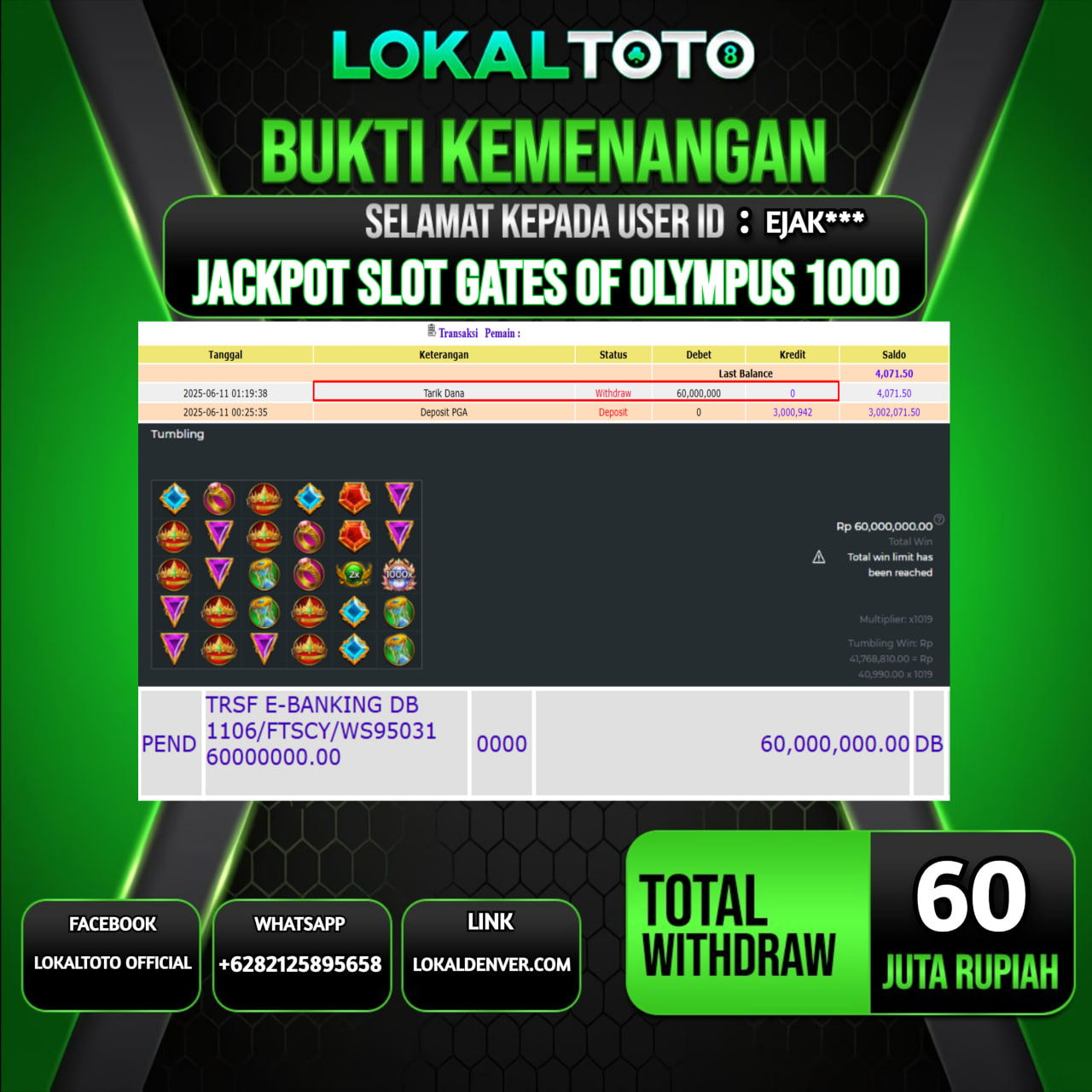 LOKALTOTO JACKPOT SLOT GATES OF OLYMPUS 1000 RP.60.000.000.,- LUNAS USER ID : EJAK***