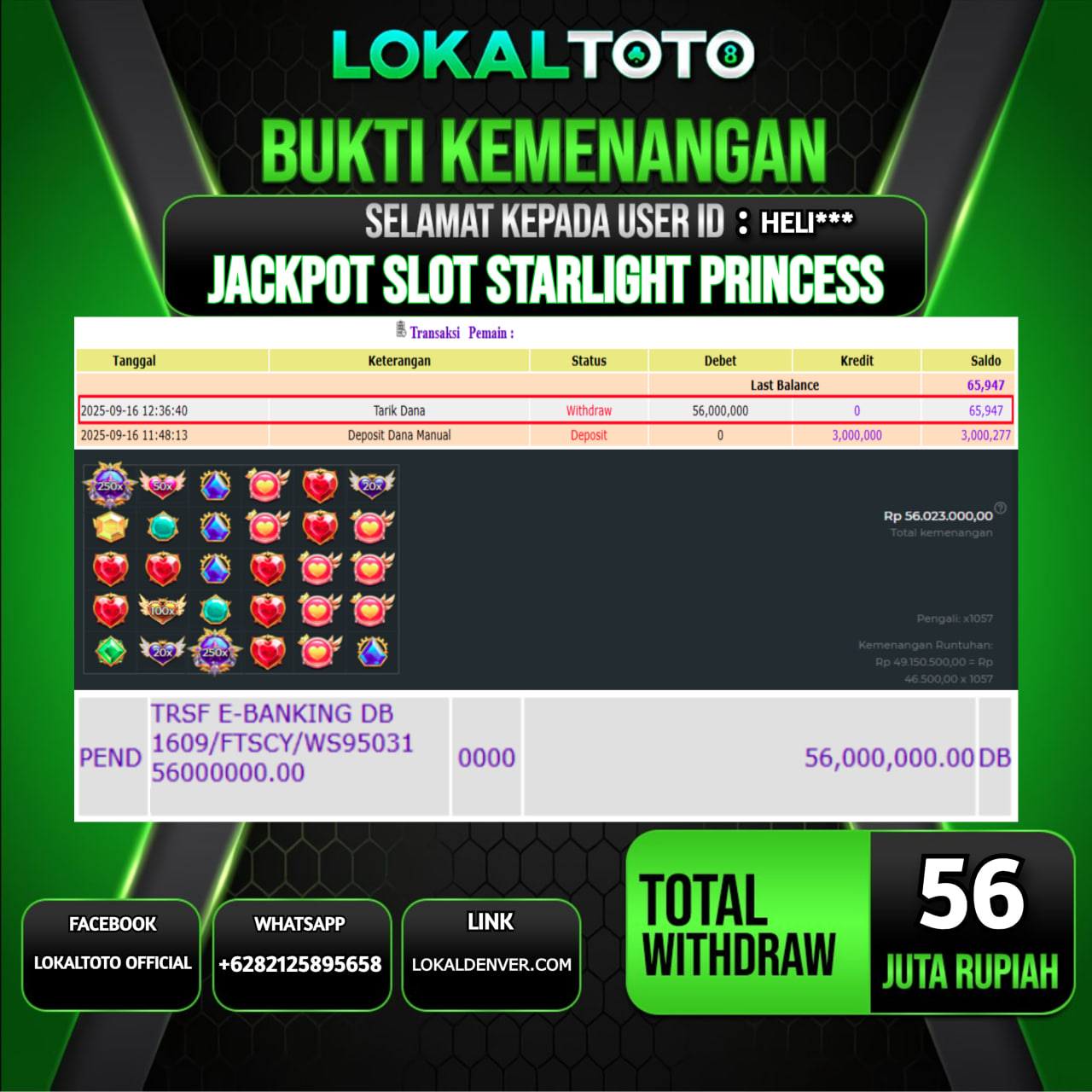 LOKALTOTO JACKPOT SLOT STARLIGHT PRINCESS RP.56.000.000.,- LUNAS USER ID  :  HELI***