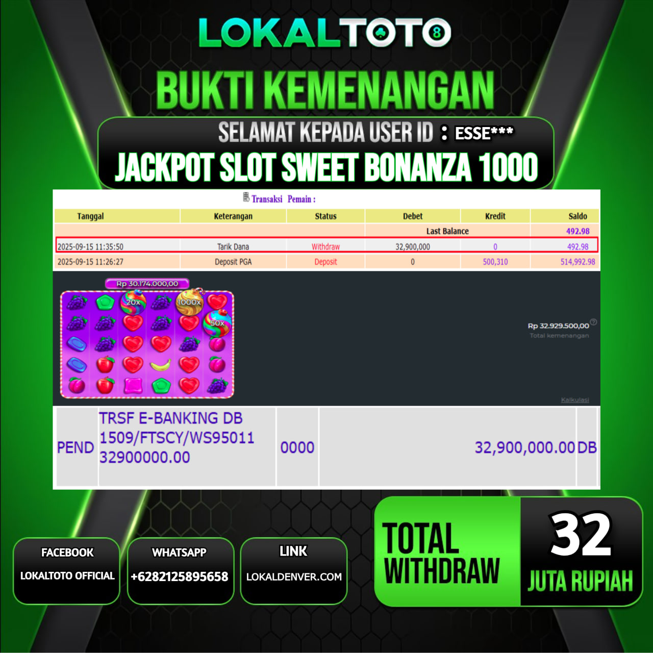LOKALTOTO JACKPOT SLOT SWEET BONANZA 1000 RP.32.000.000.,- LUNAS USER ID  :  ESSE***