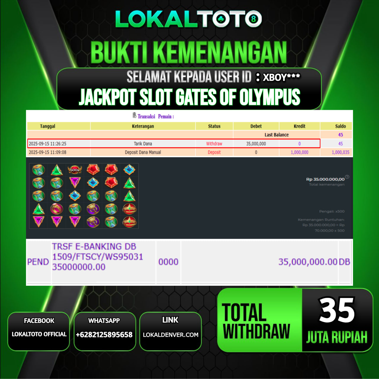 LOKALTOTO JACKPOT SLOT GATES OF OLYMPUS RP.35.000.000.,- LUNAS USER ID  :  XBOY***