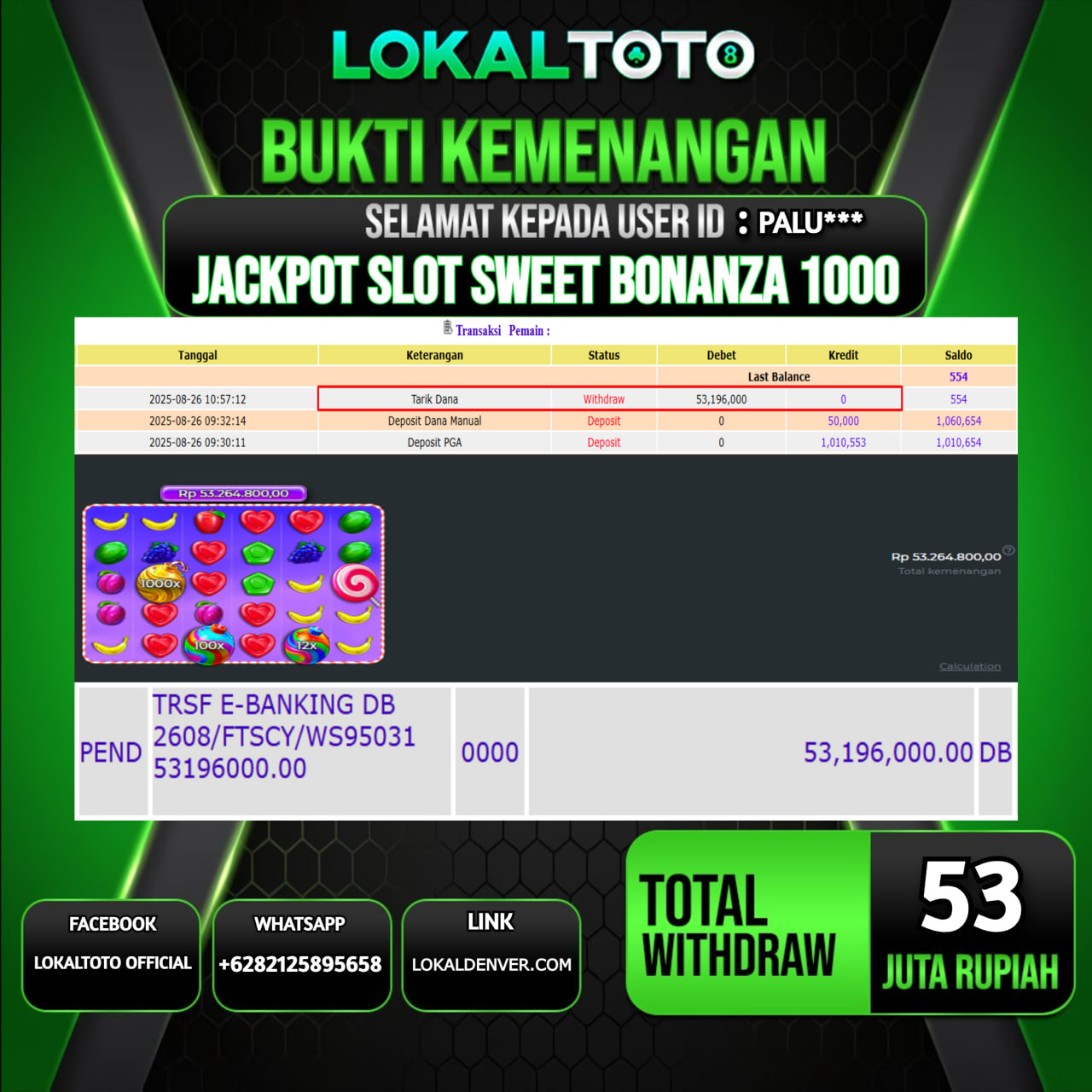 LOKALTOTO JACKPOT SLOT SWEET BONANZA 1000 RP.53.000.000.,- LUNAS USER ID : PALU***