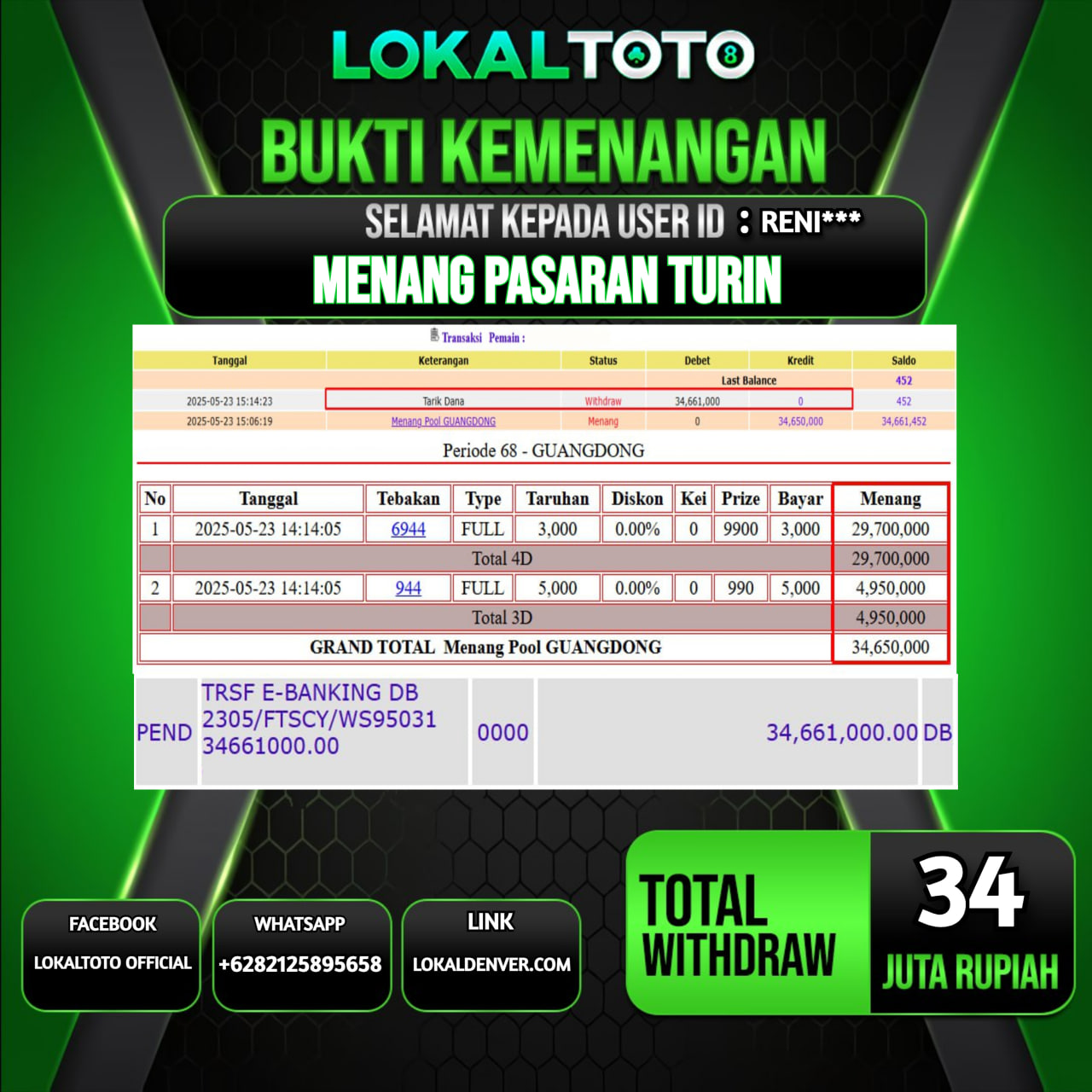 LOKALTOTO JACKPOT PASARAN TURIN RP.34.000.000.,- LUNAS USER ID : RENI***