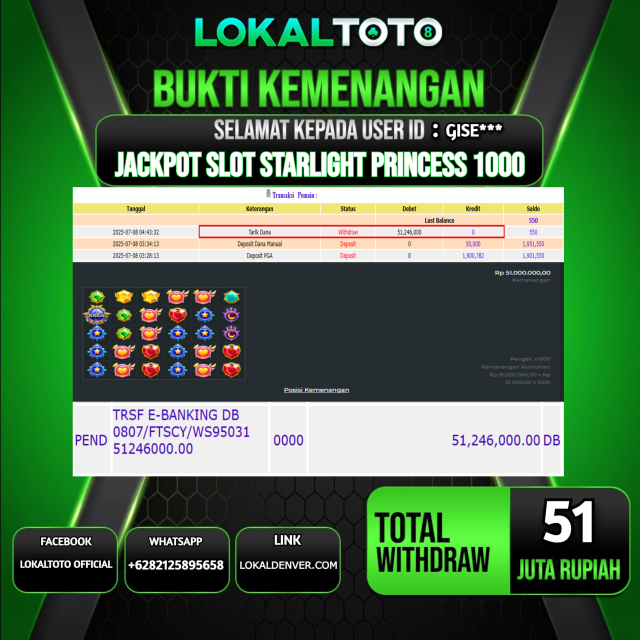 LOKALTOTO JACKPOT SLOT STARLIGHT PRINCESS 1000 RP.51.000.000.,- LUNAS USER ID : GISE***