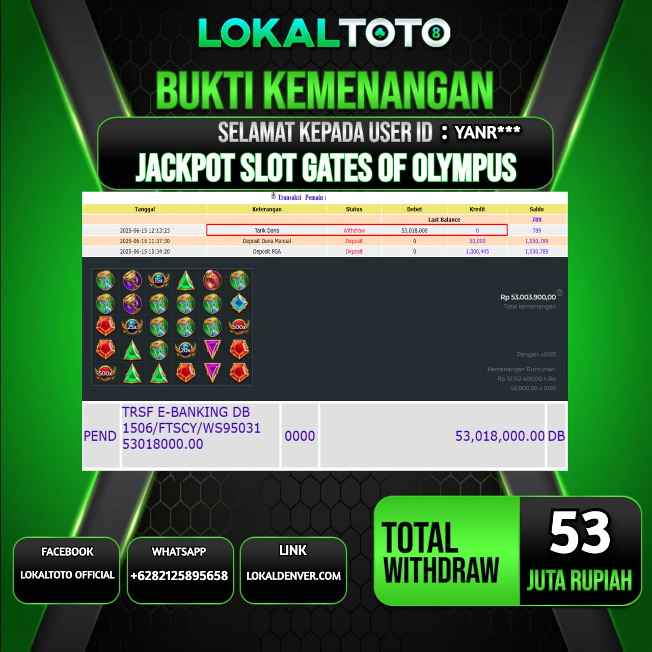 LOKALTOTO JACKPOT SLOT GATES OF OLYMPUS RP.53.000.000.,- LUNAS USER ID  : YANR***