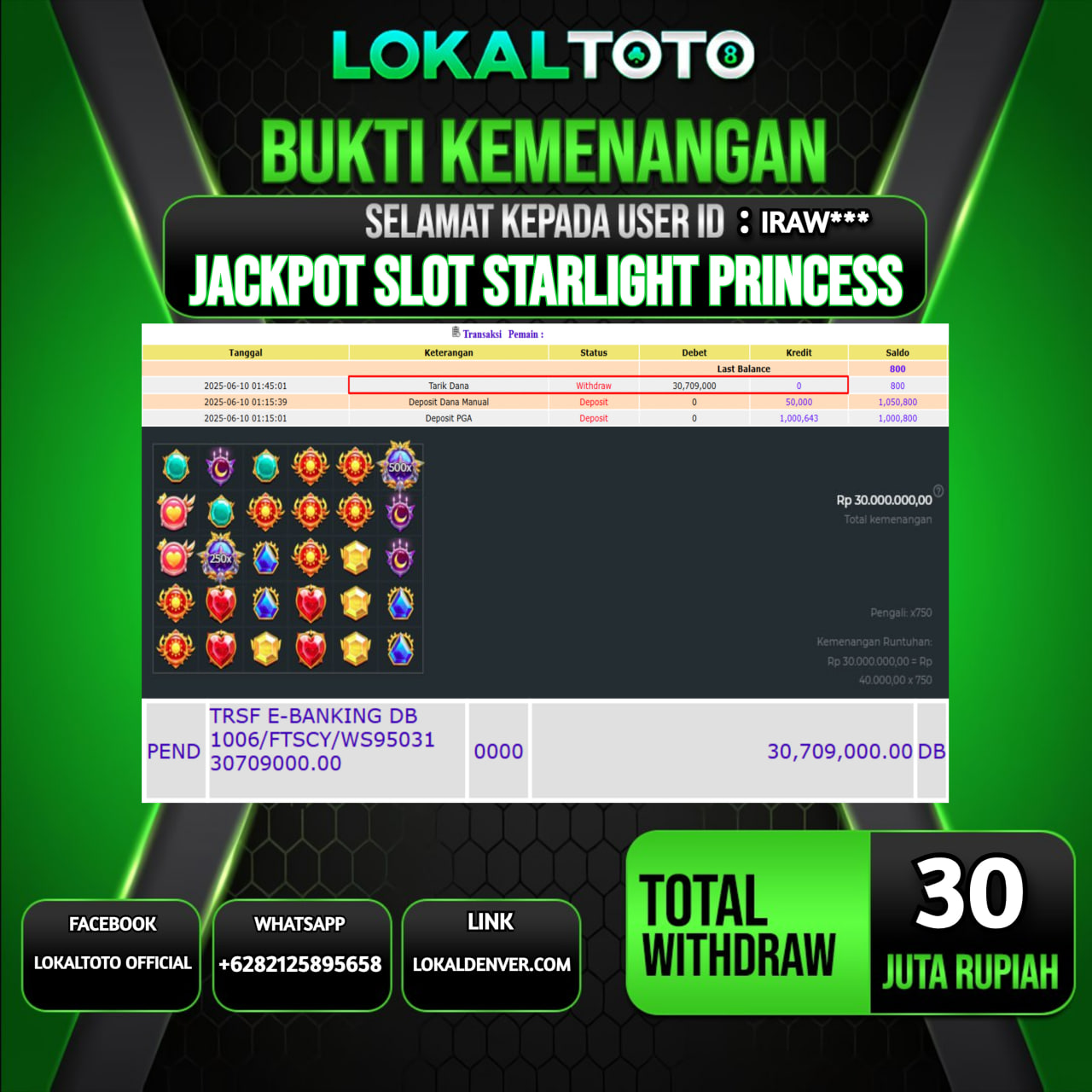 LOKALTOTO JACKPOT SLOT STARLIGHT PRINCESS RP.30.000.000.,- LUNAS USER ID : IRAW***