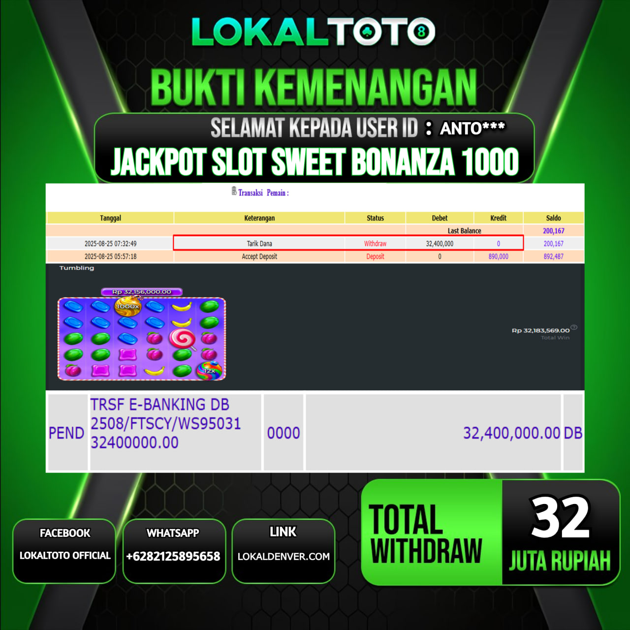 LOKALTOTO JACKPOT SLOT SWEET BONANZA 1000 RP.32.000.000.,- LUNAS USER ID : ANTO***