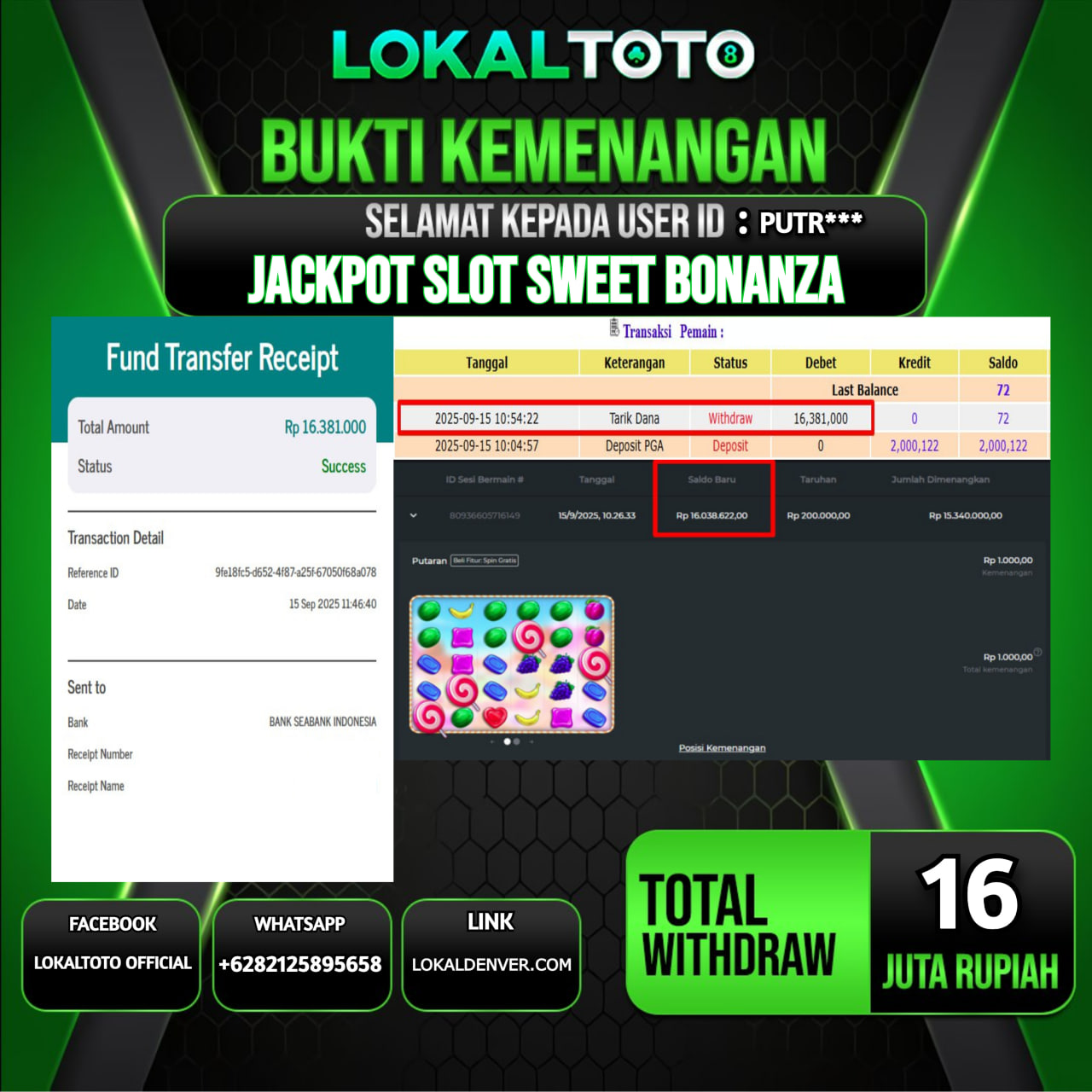 LOKALTOTO JACKPOT SLOT SWEET BONANZA RP.16.000.000.,- LUNAS USER ID  :  PUTR***