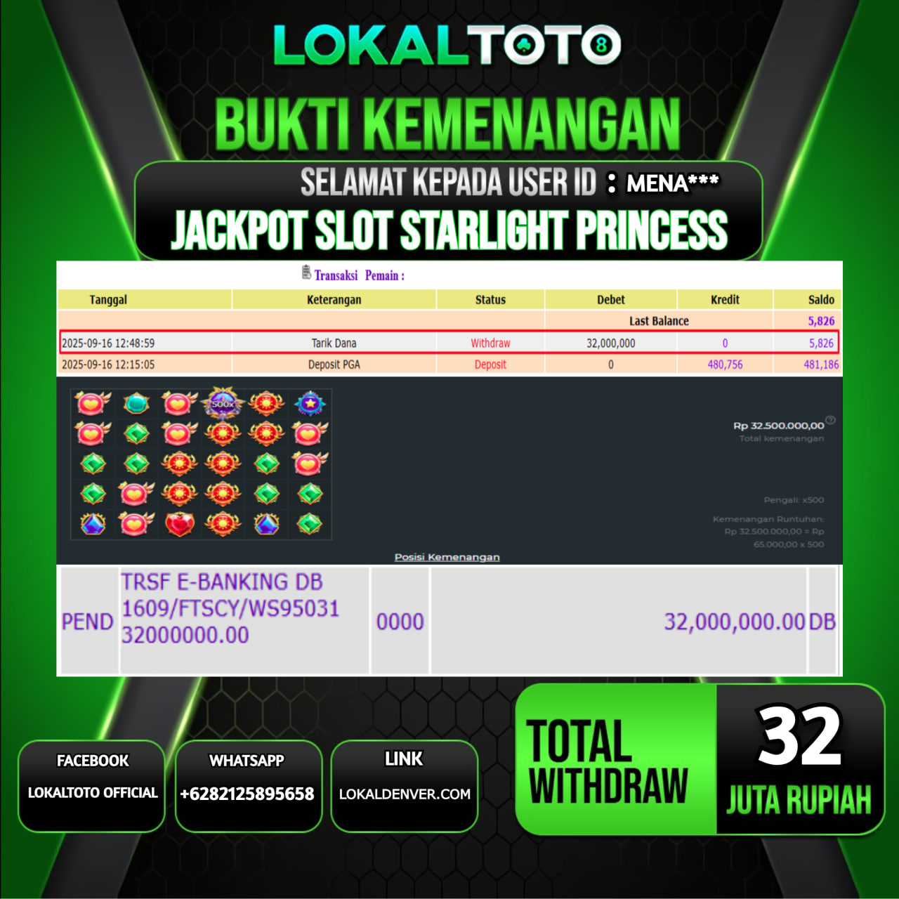 LOKALTOTO JACKPOT SLOT STARLIGHT PRINCESS RP.32.000.000.,- LUNAS USER ID  :  MENA***