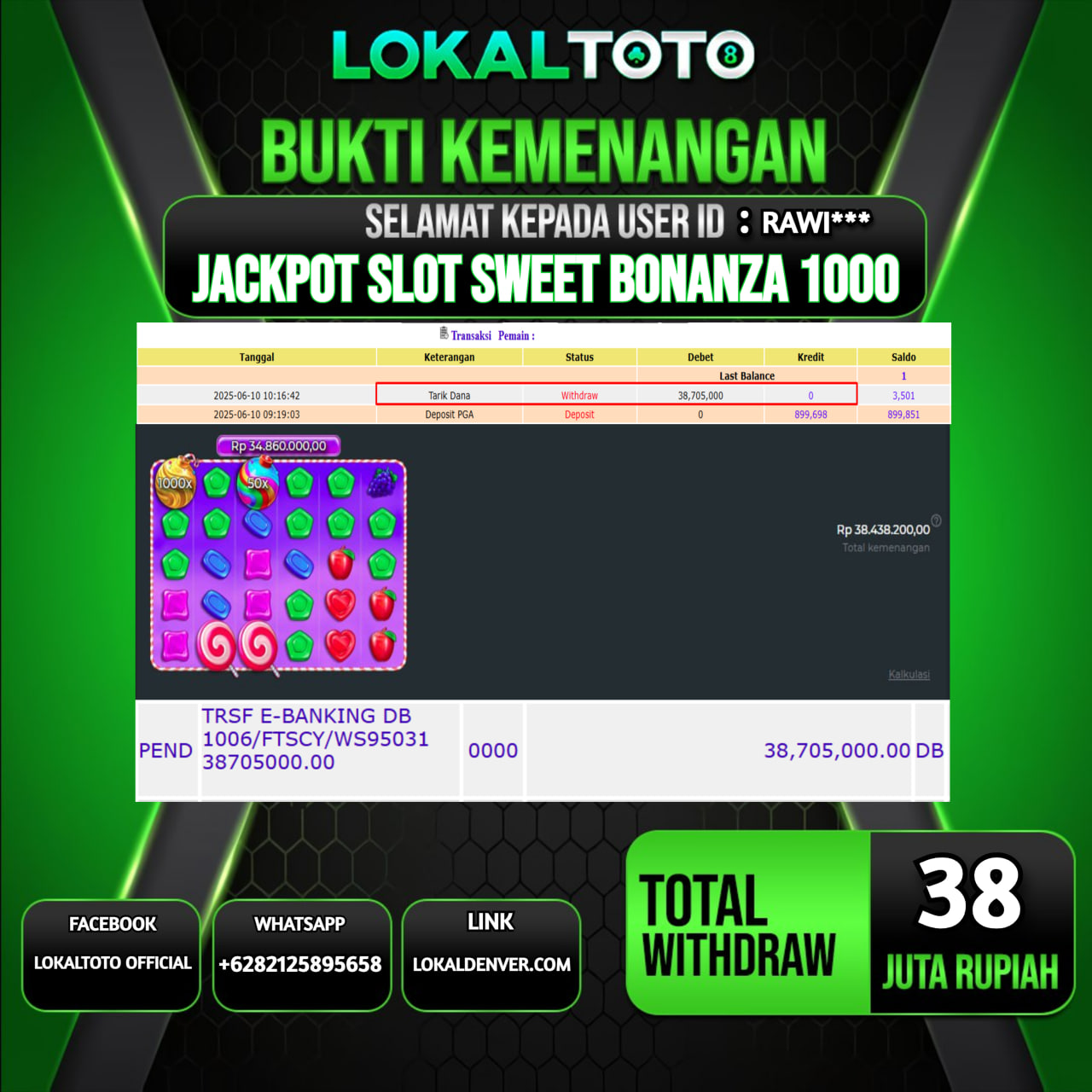 LOKALTOTO JACKPOT SLOT SWEET BONANZA 1000 RP.38.000.000.,- LUNAS USER ID : RAWI***