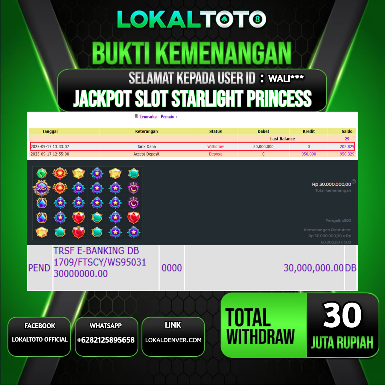 LOKALTOTO JACKPOT SLOT STARLIGHT PRINCESS RP.30.000.000.,- LUNAS USER ID  :  WALI***
