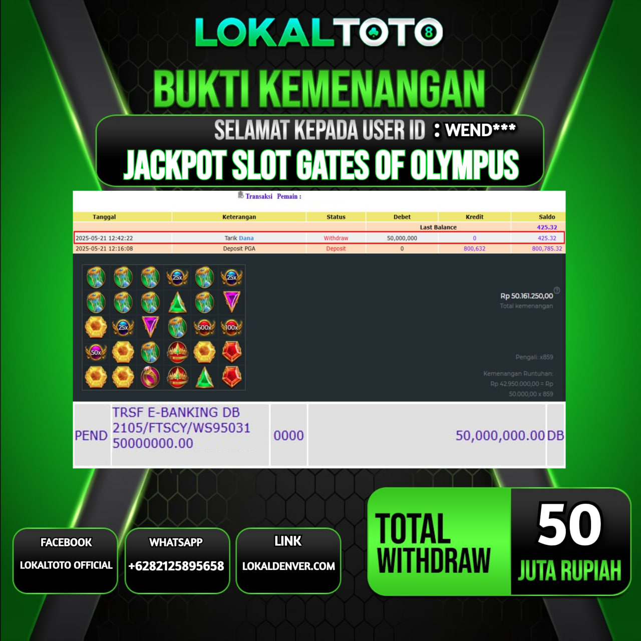 LOKALTOTO JACKPOT SLOT GATES OF OLYMPUS RP.50.000.000.,- LUNAS USER ID : WEND***