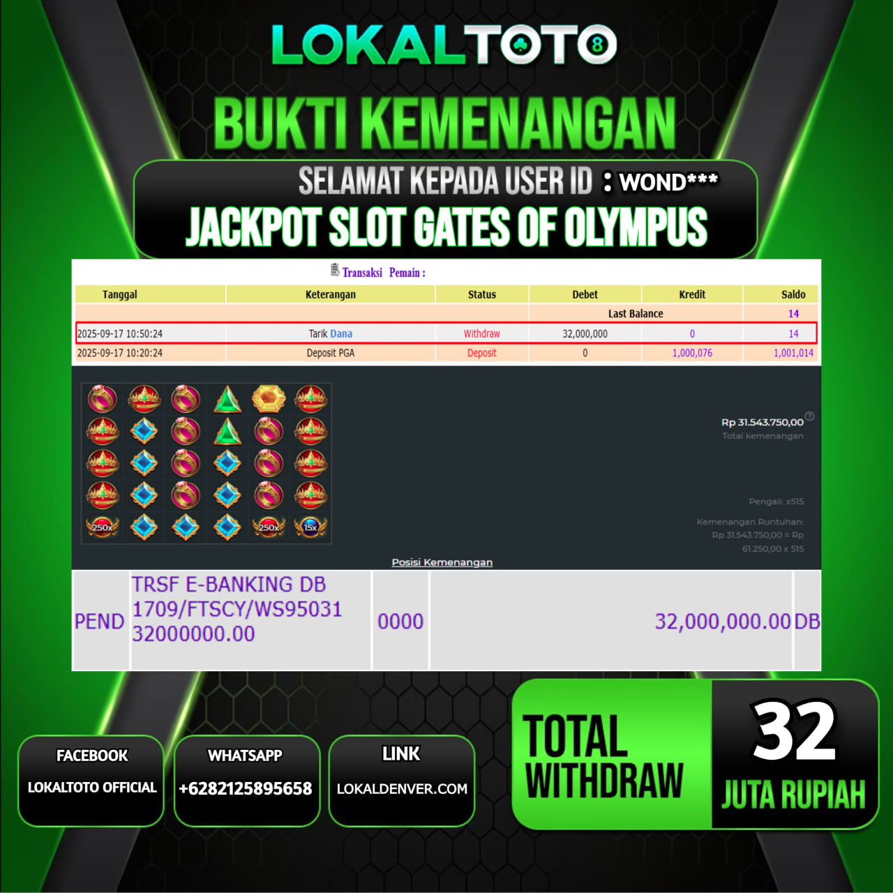LOKALTOTO JACKPOT SLOT GATES OF OLYMPUS RP.32.000.000.,- LUNAS USER ID  :  WOND***