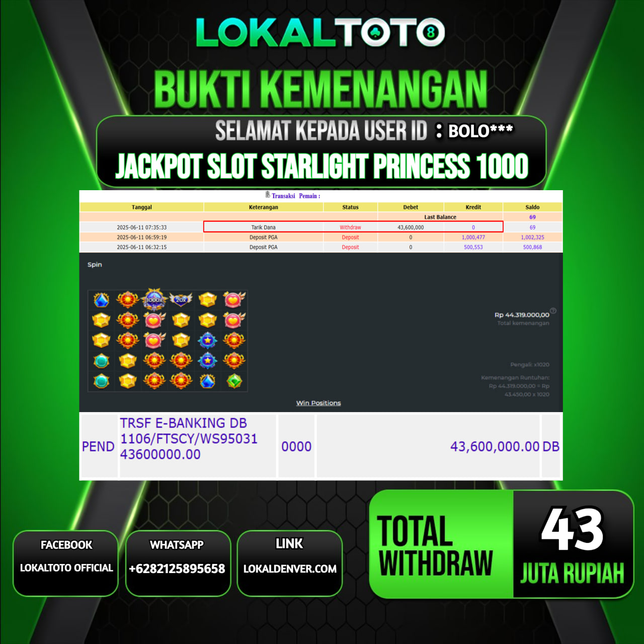LOKALTOTO JACKPOT SLOT STARLIGHT PRINCESS 1000 RP.43.000.000.,- LUNAS USER ID : BOLO***