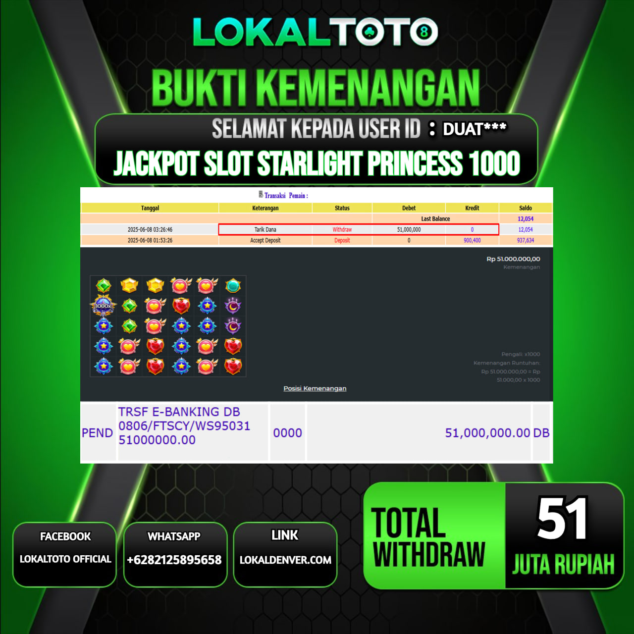 LOKALTOTO JACKPOT SLOT STARLIGHT PRINCESS 1000 RP.51.000.000.,- LUNAS USER ID : DUAT***