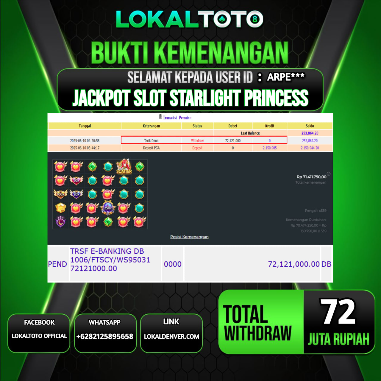 LOKALTOTO JACKPOT SLOT STARLIGHT PRINCESS RP.72.000.000.,- LUNAS USER ID : ARPE***