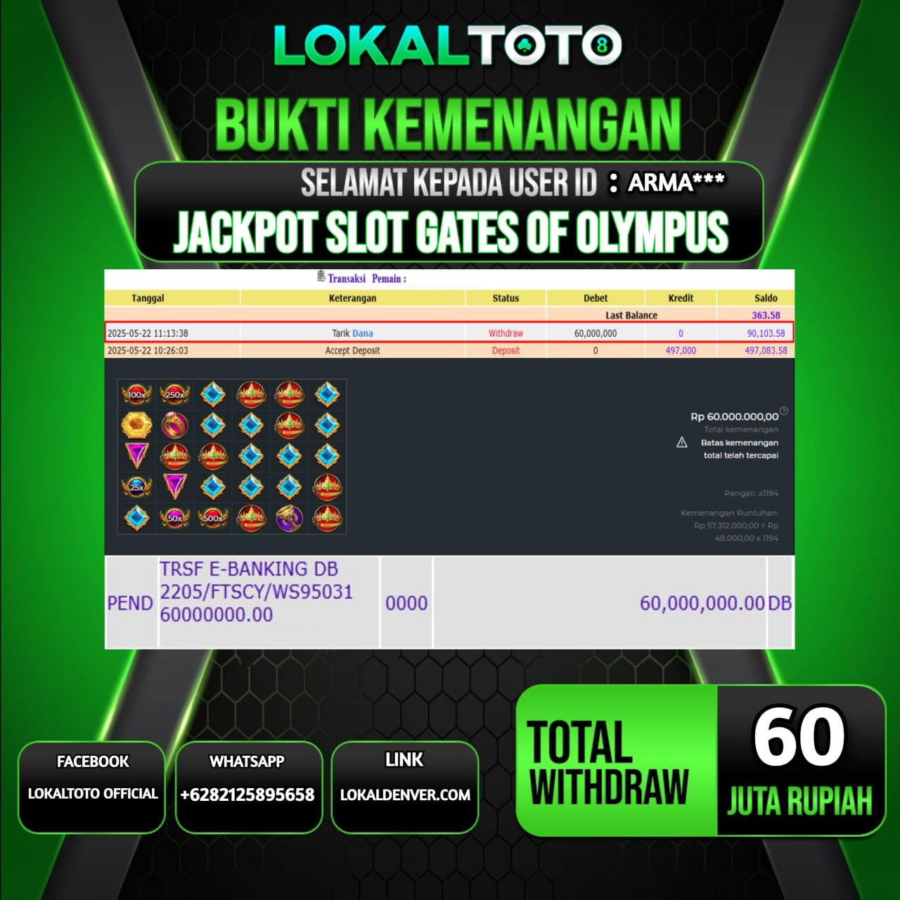 LOKALTOTO JACKPOT SLOT GATES OF OLYMPUS RP.60.000.000.,- LUNAS USER ID : ARMA***