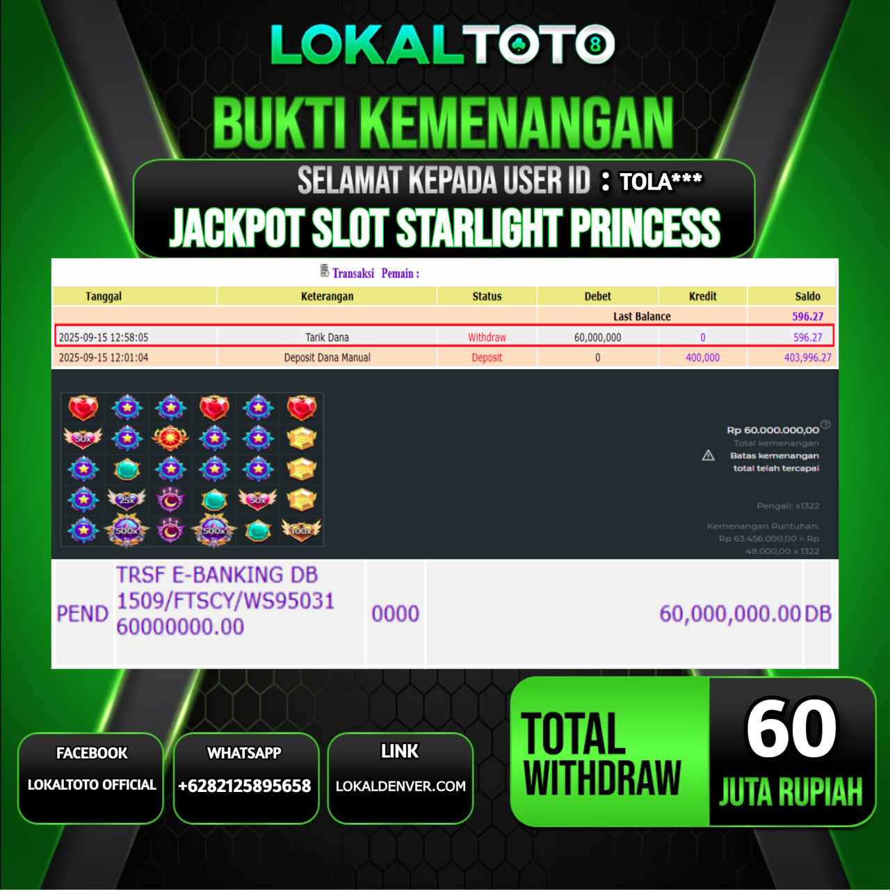 LOKALTOTO JACKPOT SLOT STARLIGHT PRINCESS RP.60.000.000.,- LUNAS USER ID  :  TOLA***