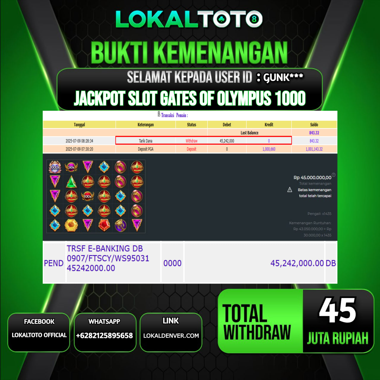 LOKALTOTO JACKPOT SLOT GATES OF OLYMPUS 1000 RP.45.000.000.,- LUNAS USER ID : GUNK***
