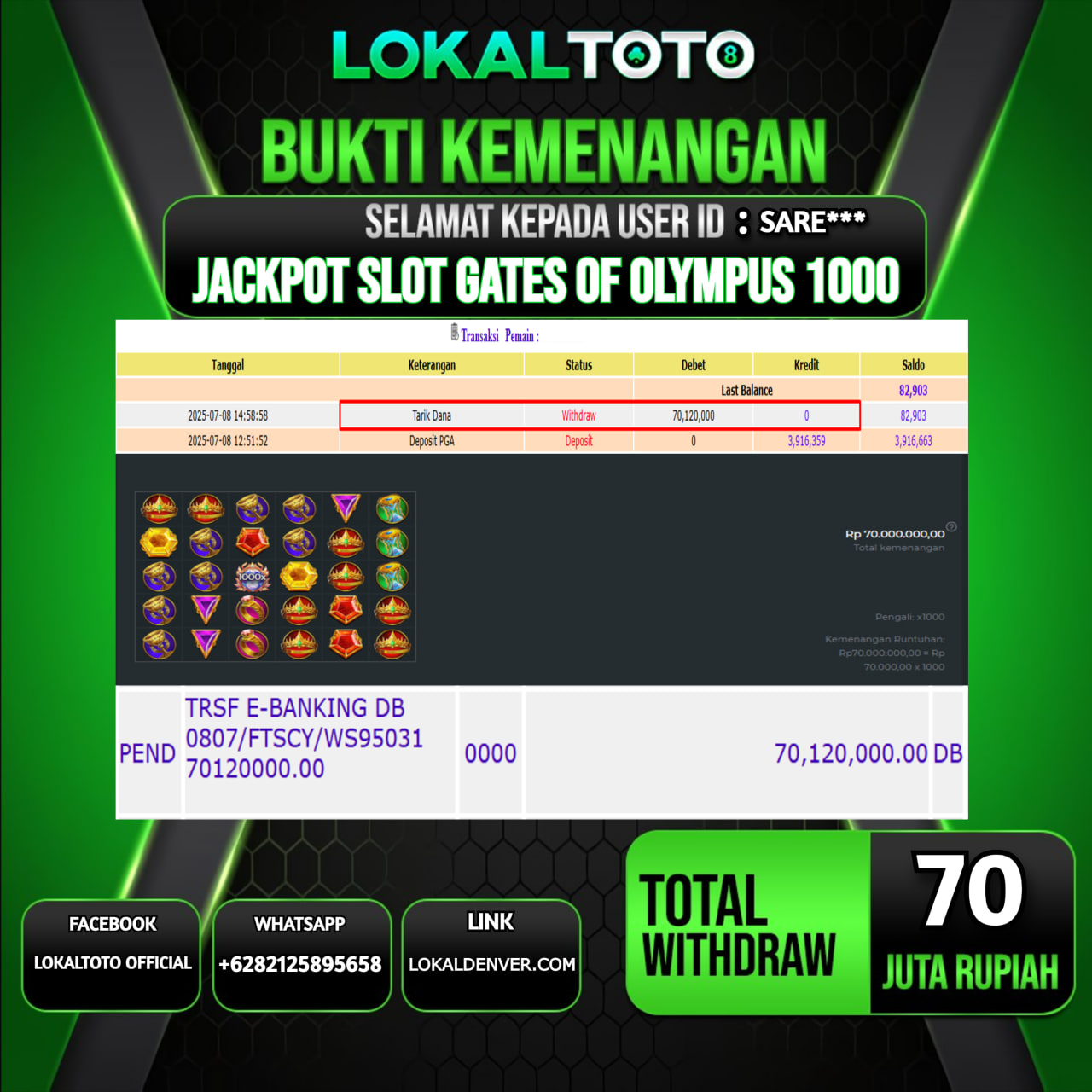 LOKALTOTO JACKPOT SLOT GATES OF OLYMPUS 1000 RP.70.000.000.,- LUNAS USER ID : SARE***