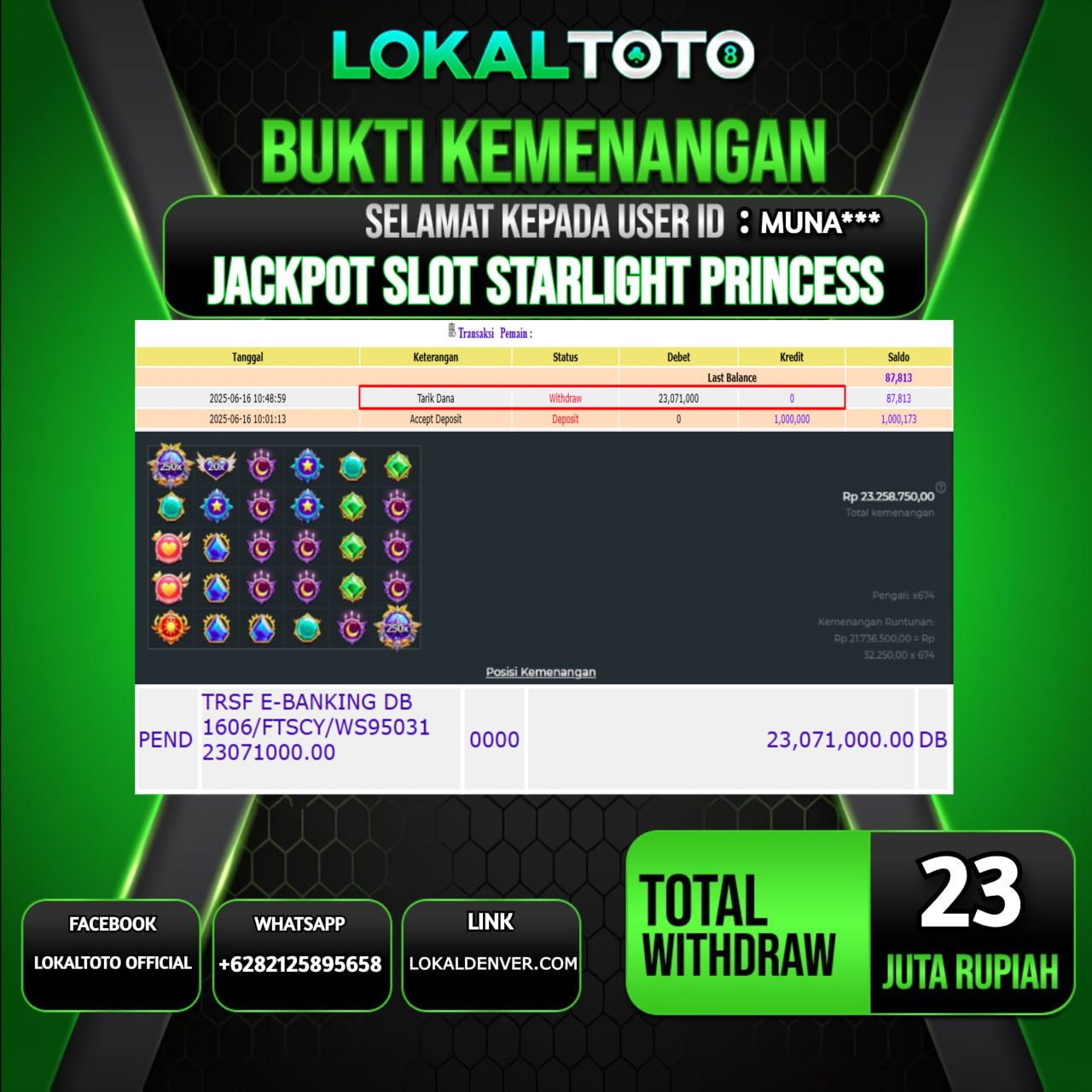 LOKALTOTO JACKPOT SLOT STARLIGHT PRINCESS RP.23.000.000.,- LUNAS USER ID  : MUNA***