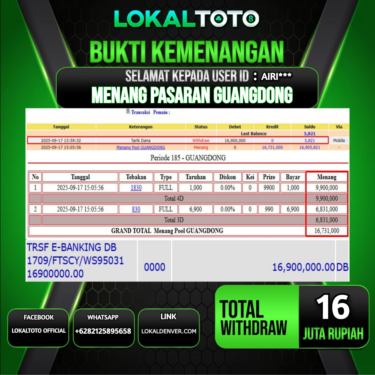 LOKALTOTO JACKPOT PASARAN GUANGDONG RP.16.000.000.,- LUNAS USER ID  :  AIRI***