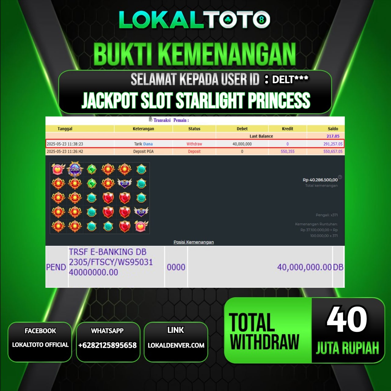 LOKALTOTO JACKPOT SLOT STARLIGHT PRINCESS RP.40.000.000.,- LUNAS USER ID : DELT***