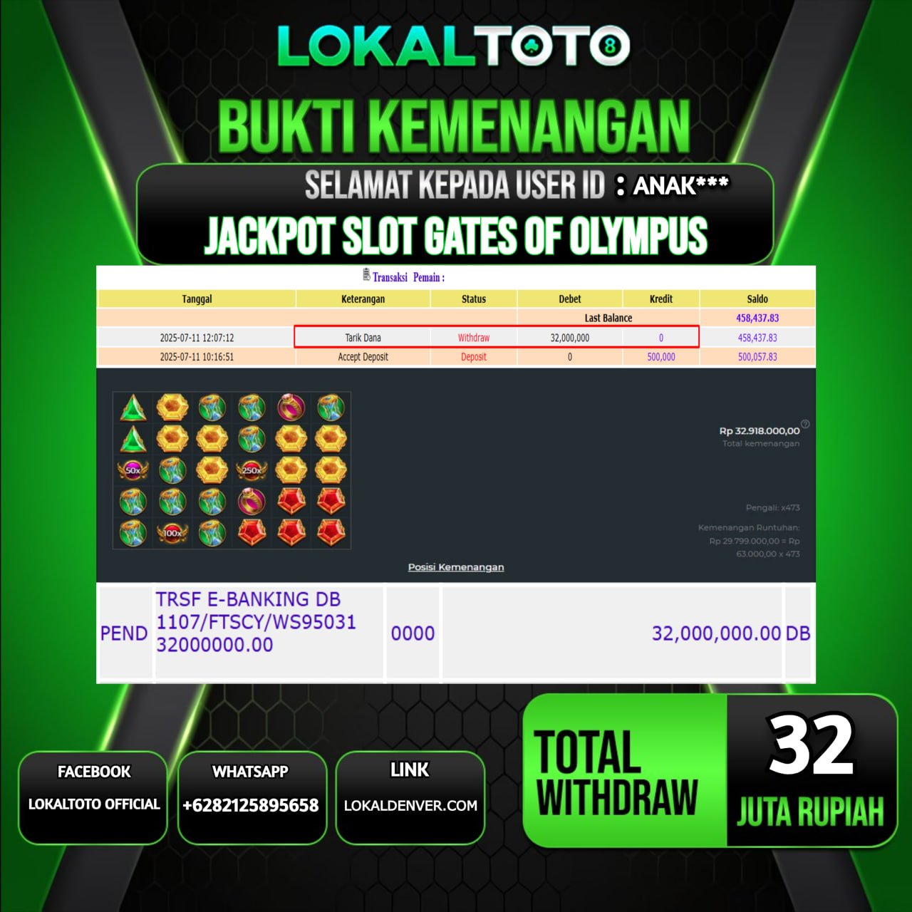 LOKALTOTO JACKPOT SLOT GATES OF OLYMPUS RP.32.000.000.,- LUNAS USER ID : ANAK***