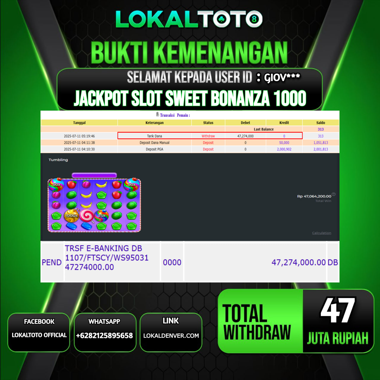 LOKALTOTO JACKPOT SLOT SWEET BONANZA 1000 RP.47.000.000.,- LUNAS USER ID : GIOV***