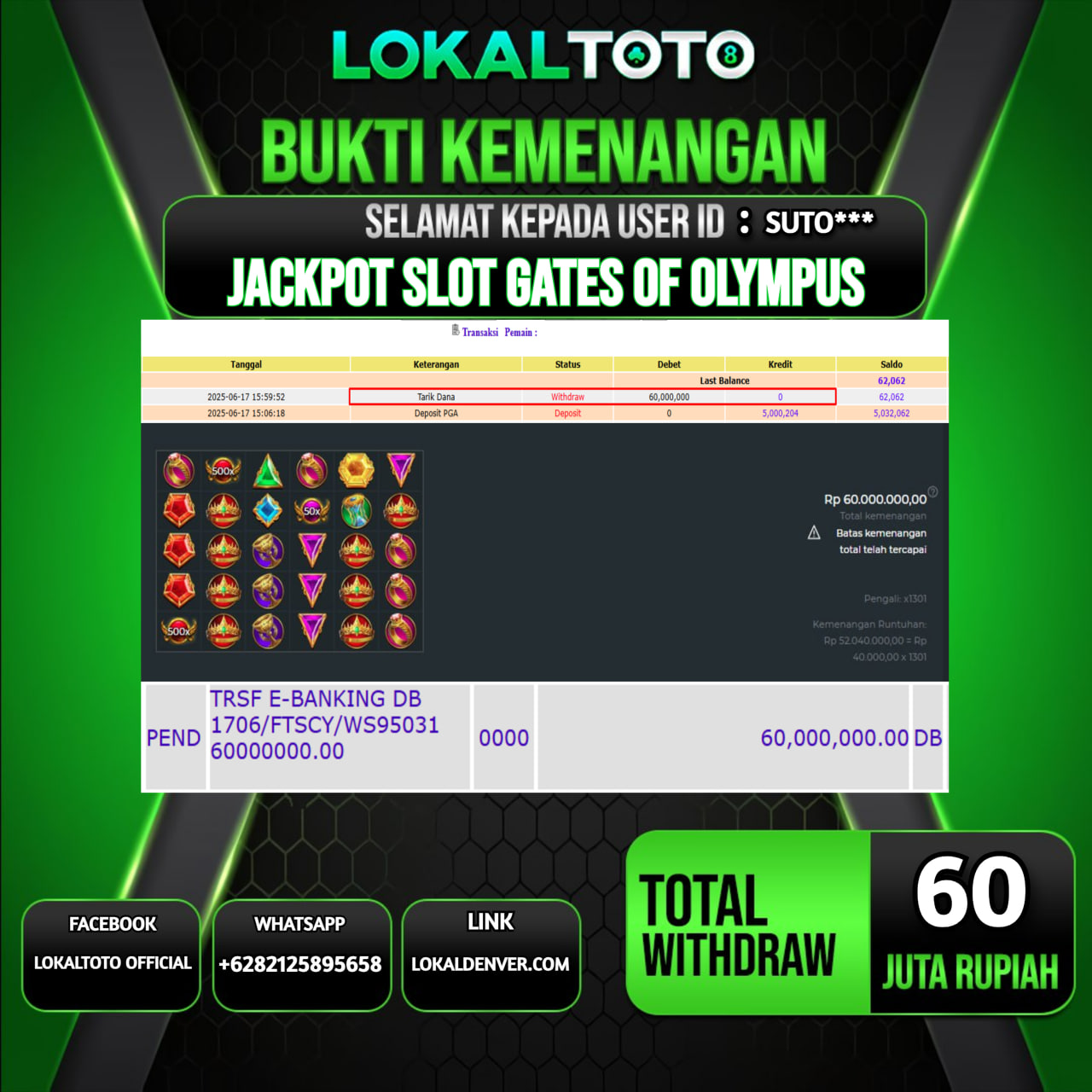 LOKALTOTO JACKPOT SLOT GATES OF OLYMPUS RP.60.000.000.,- LUNAS USER ID  : SUTO***