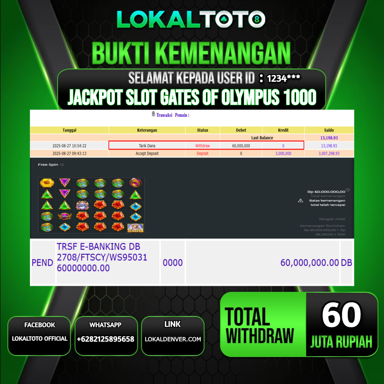 LOKALTOTO JACKPOT SLOT GATES OF OLYMPUS 1000 RP.60.000.000.,- LUNAS USER ID : 1234***