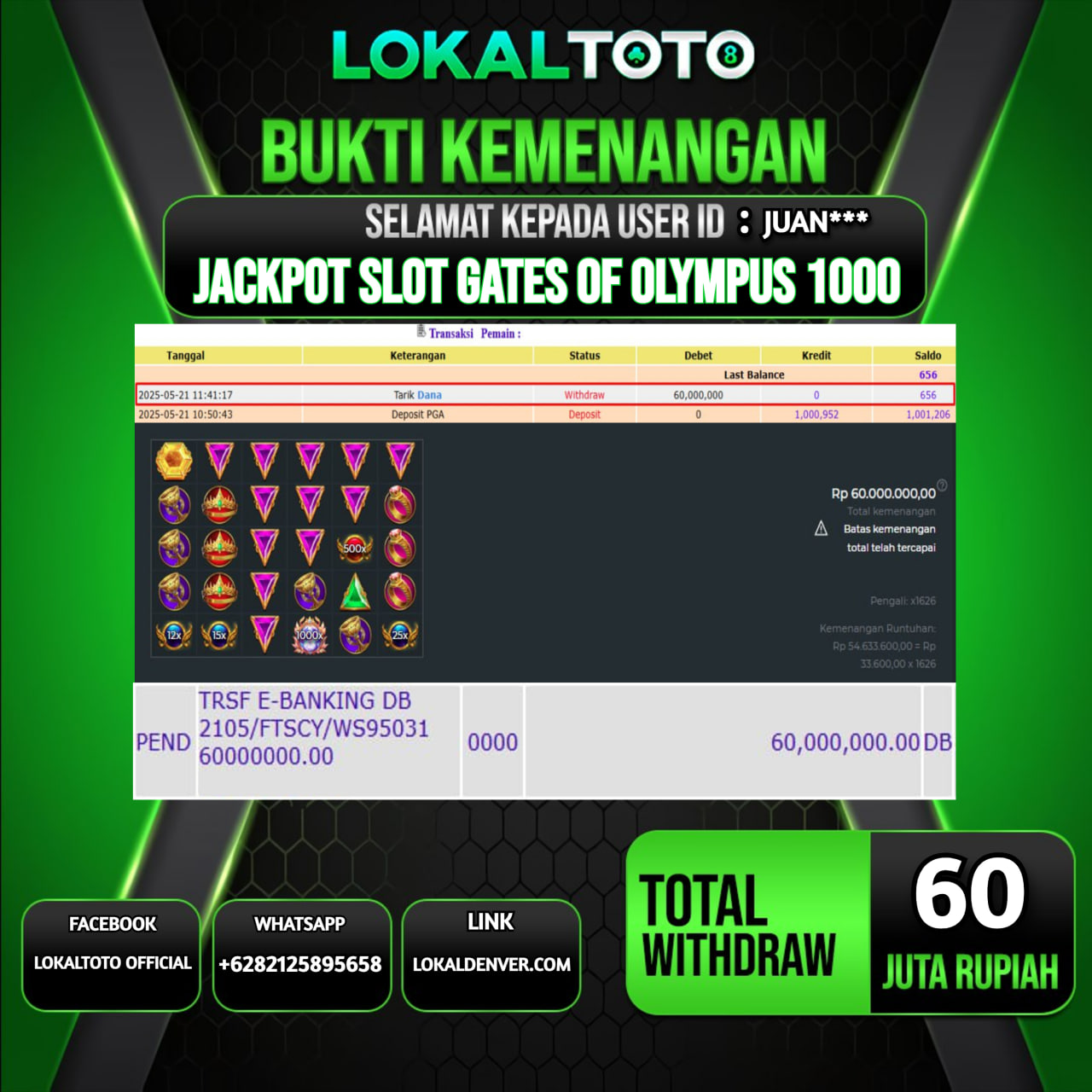 LOKALTOTO JACKPOT SLOT GATES OF OLYMPUS 1000 RP.60.000.000.,- LUNAS USER ID : JUAN***