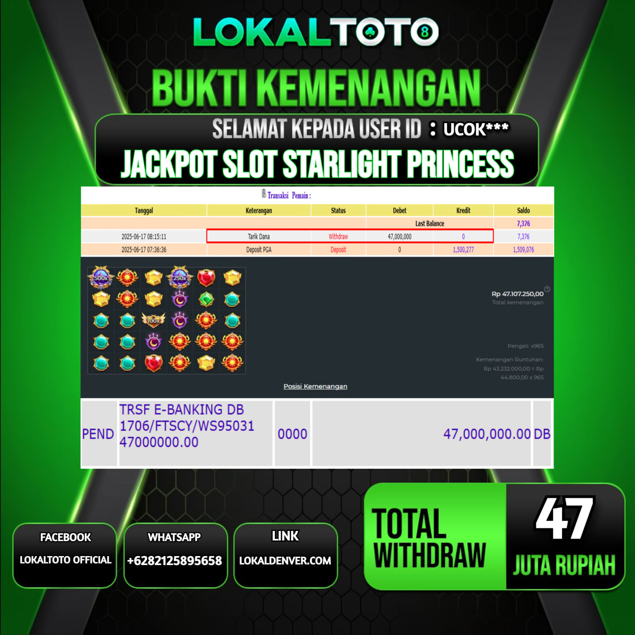 LOKALTOTO JACKPOT SLOT STARLIGHT PRINCESS RP.47.000.000.,- LUNAS USER ID  : UCOK***