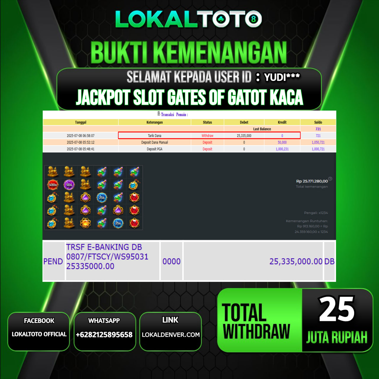 LOKALTOTO JACKPOT SLOT GATES OF GATOT KACA RP.25.000.000.,- LUNAS USER ID : YUDI***