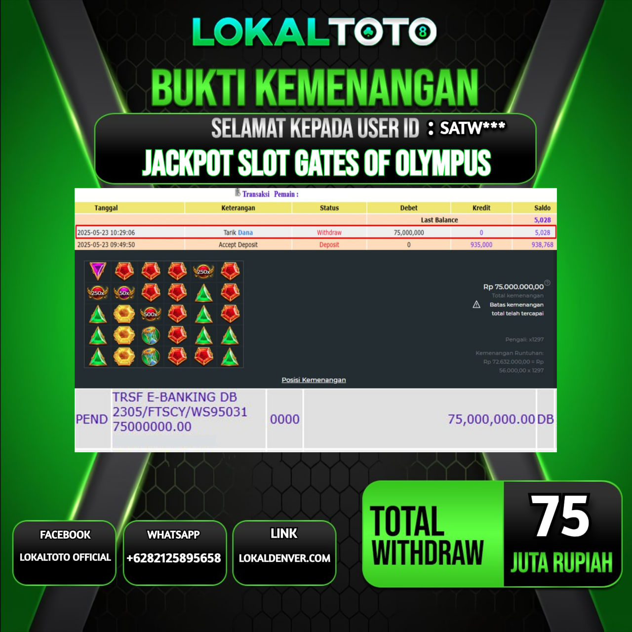 LOKALTOTO JACKPOT SLOT GATES OF OLYMPUS RP.75.000.000.,- LUNAS USER ID : SATW***