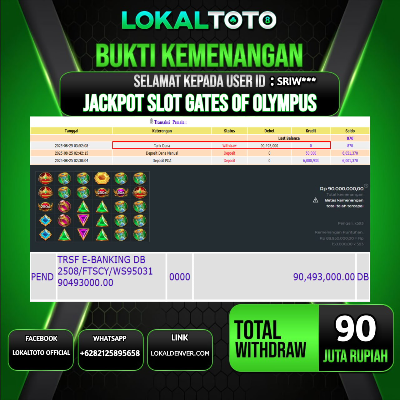 LOKALTOTO JACKPOT SLOT GATES OF OLYMPUS RP.90.000.000.,- LUNAS USER ID : SRIW***