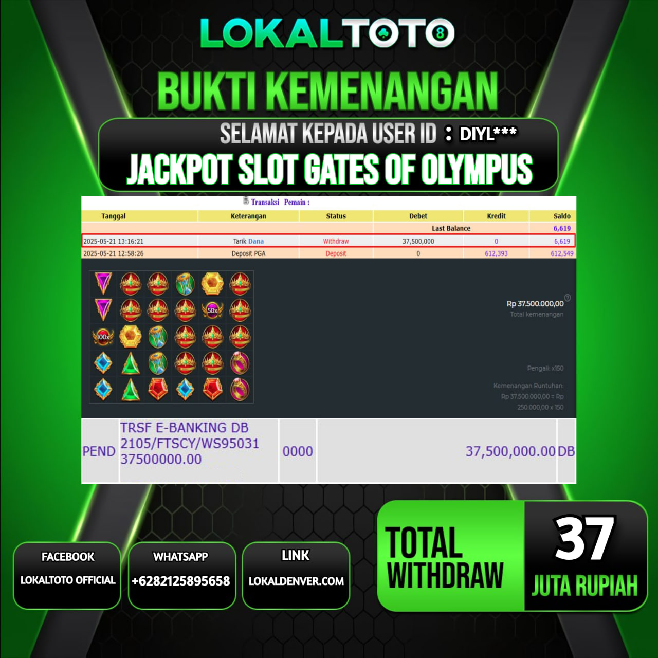 LOKALTOTO JACKPOT SLOT GATES OF OLYMPUS RP.37.000.000.,- LUNAS USER ID : DIYL***