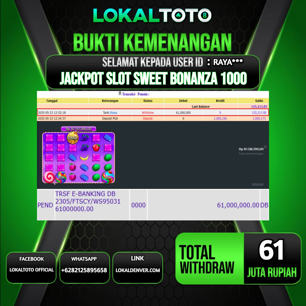 LOKALTOTO JACKPOT SLOT SWEET BONANZA 1000 RP.61.000.000.,- LUNAS USER ID : RAYA***